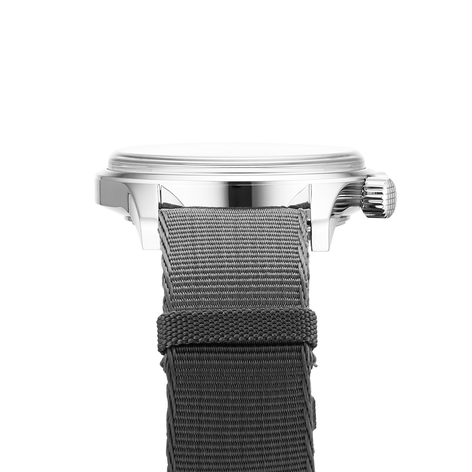 Side view of the Longines Legend Diver watch showcasing its metal crown and textured gray fabric strap against a white background.