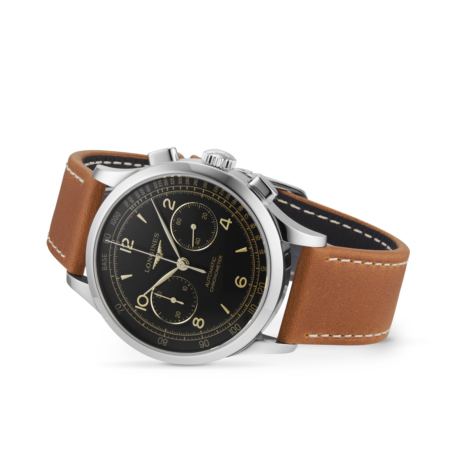 The Longines Record Chronograph wristwatch, featuring a black dial with three subdials, a stainless steel case, and a brown leather strap with white stitching, is displayed on a white background.