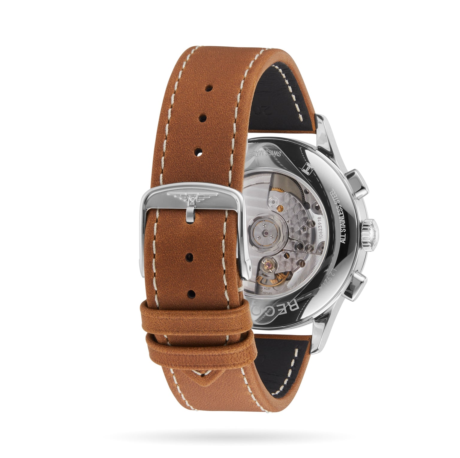 Close-up of the Longines Record Chronograph’s back, showing its brown leather strap, silver buckle, and visible automatic movement through a transparent stainless steel case back.