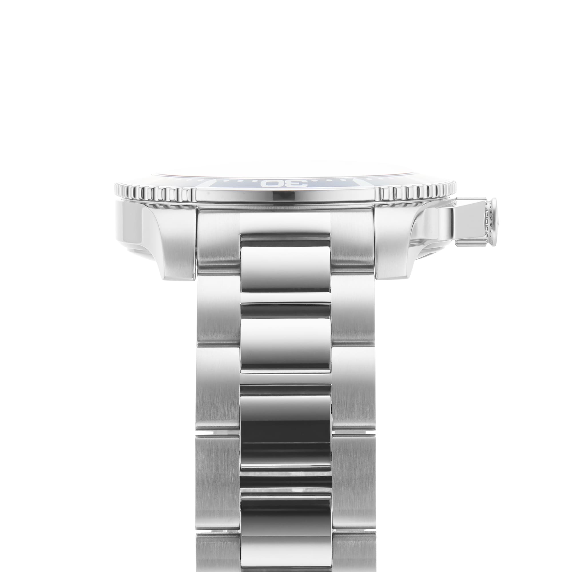 Side view of the Longines HydroConquest, featuring a stainless steel bracelet, watch face edge, and crown with automatic movement, set against a white background.