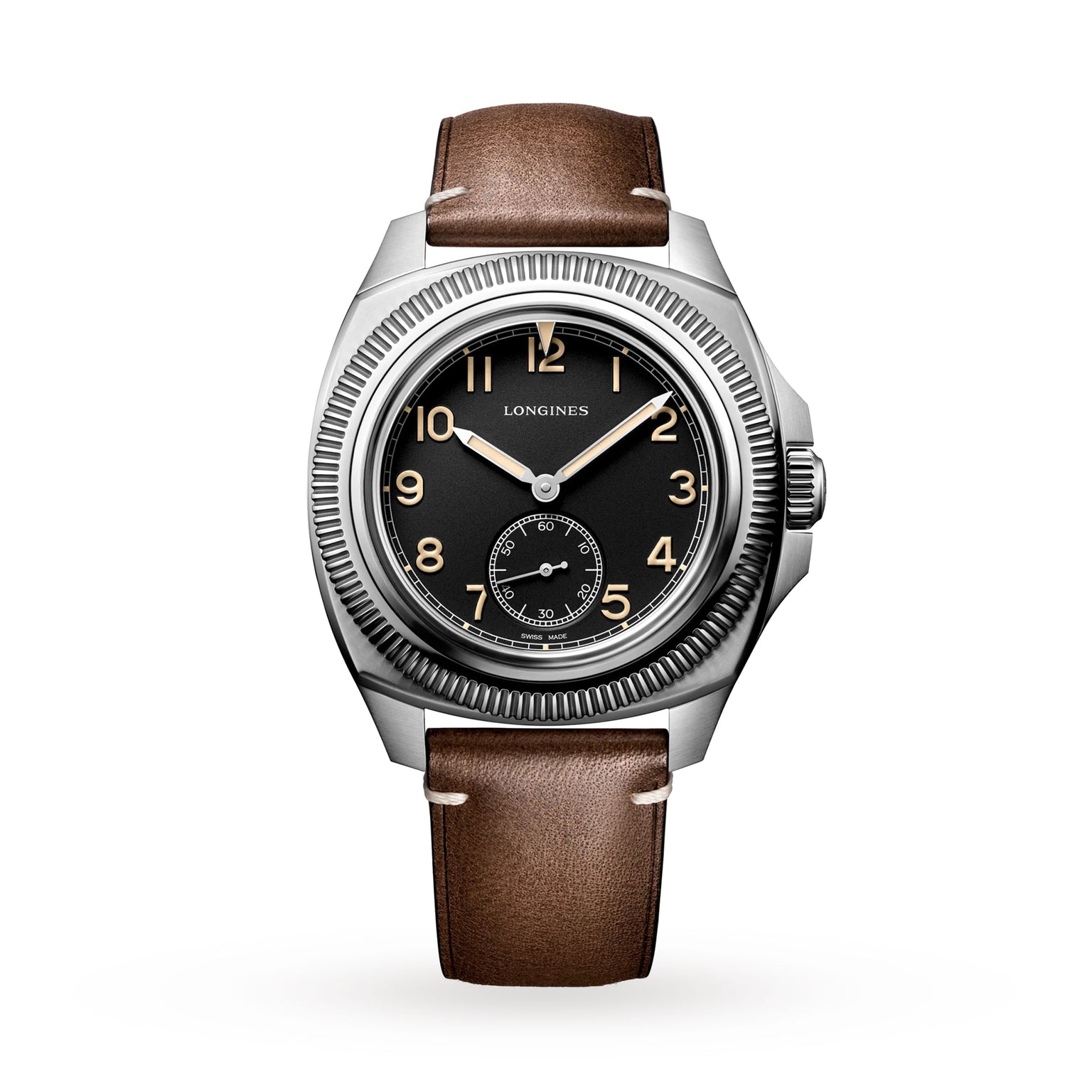 The Longines Pilot Majetek is a classic wristwatch with a brown leather strap and a black dial featuring gold numerals.