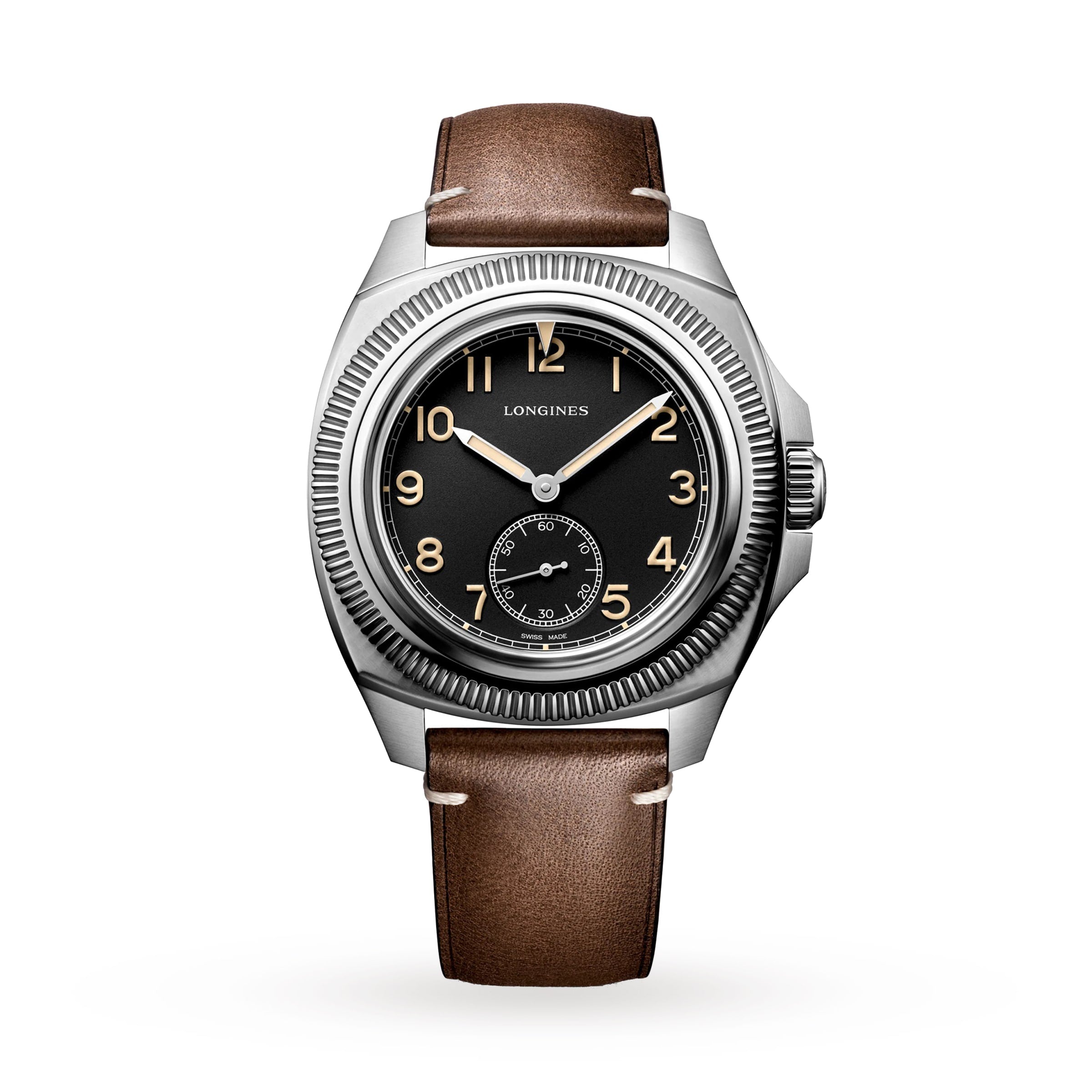 The Longines Pilot Majetek is a classic wristwatch with a brown leather strap and a black dial featuring gold numerals.