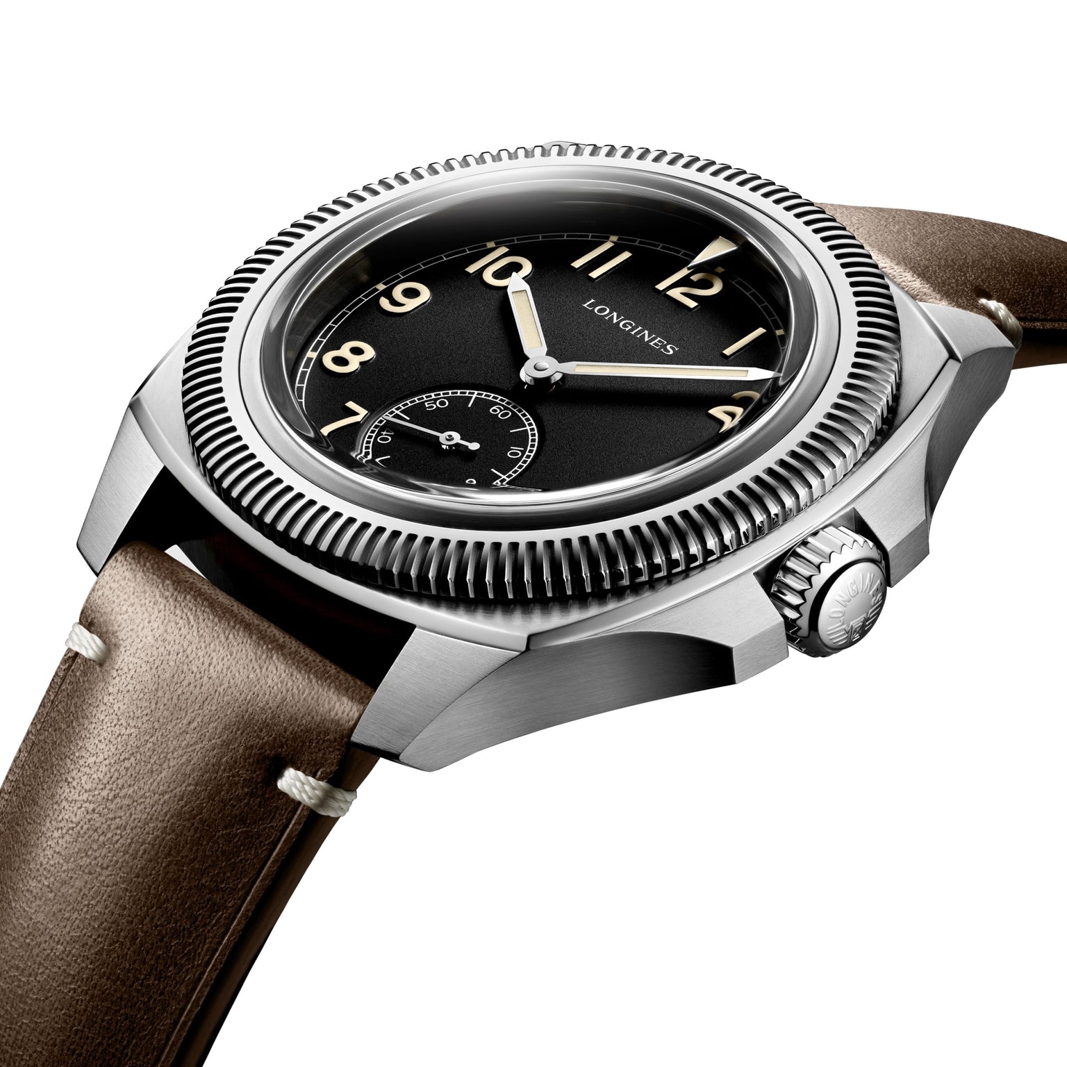 The Longines Pilot Majetek is a stainless steel watch with a black dial, Arabic numerals, small seconds subdial, fluted bezel, mechanical movement, and brown leather strap—celebrating classic aviation heritage.