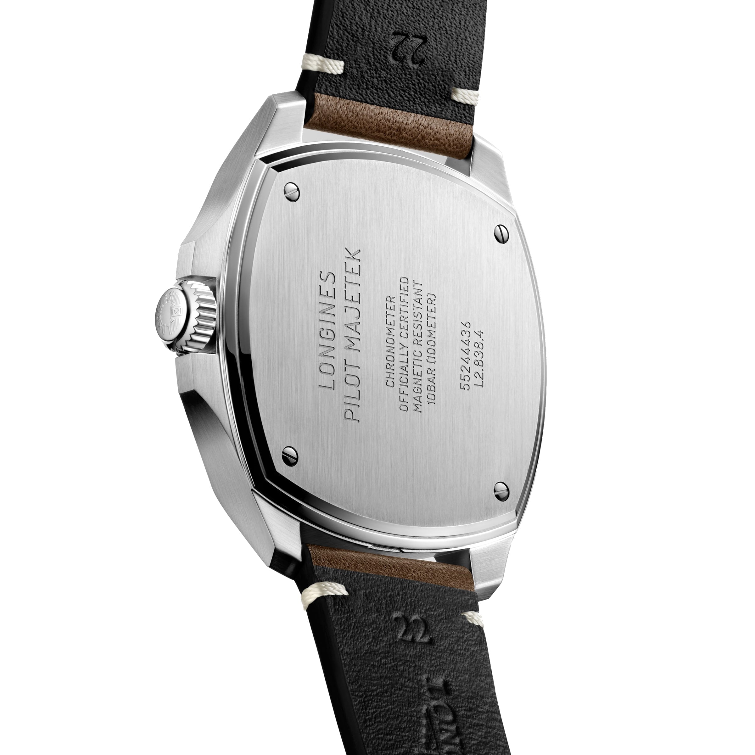 Back view of the Longines Pilot Majetek, featuring an engraved case back and a black leather strap with stitching, reflecting its aviation heritage.