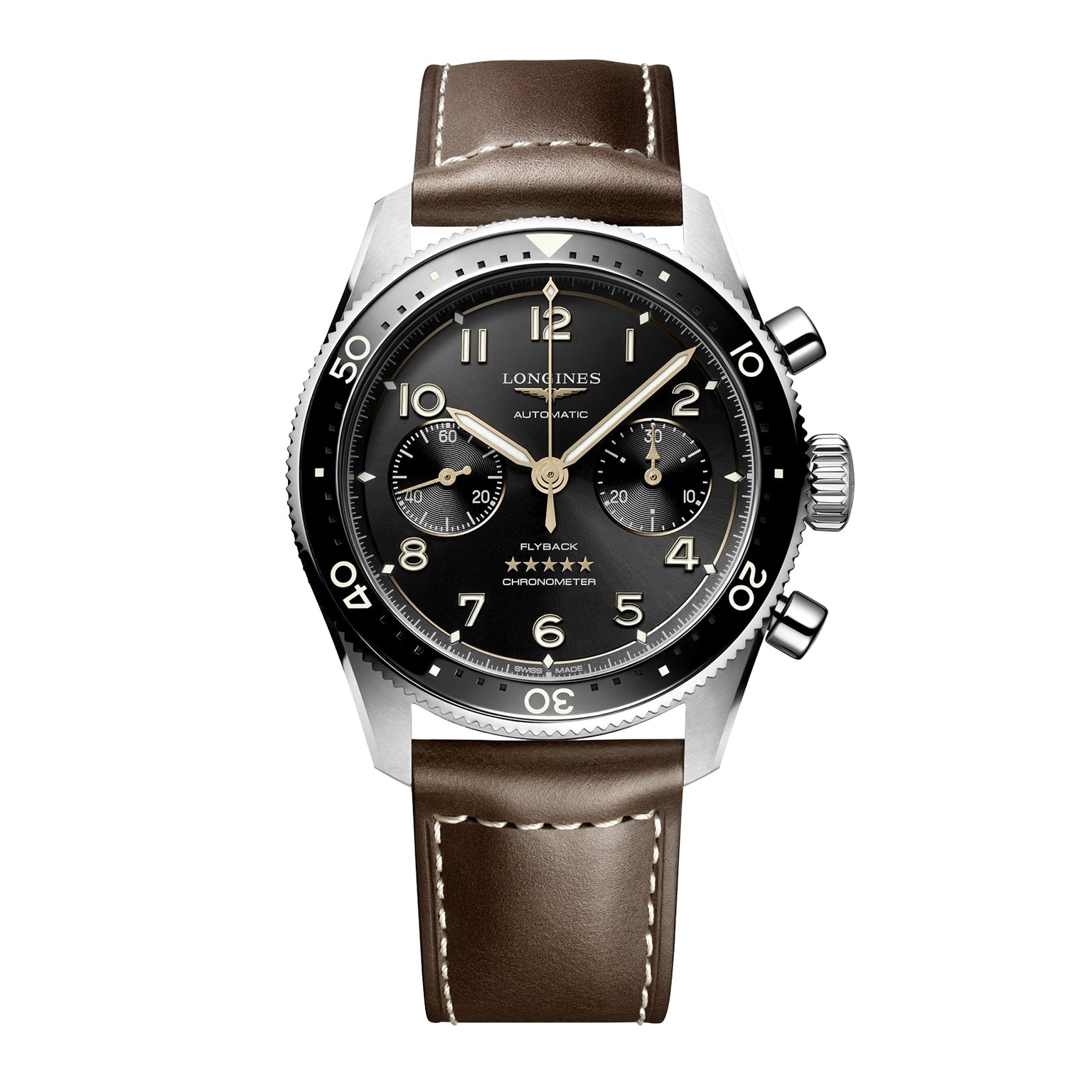 The Longines Spirit Flyback wristwatch features a brown leather strap, black dial, and chronograph subdials.