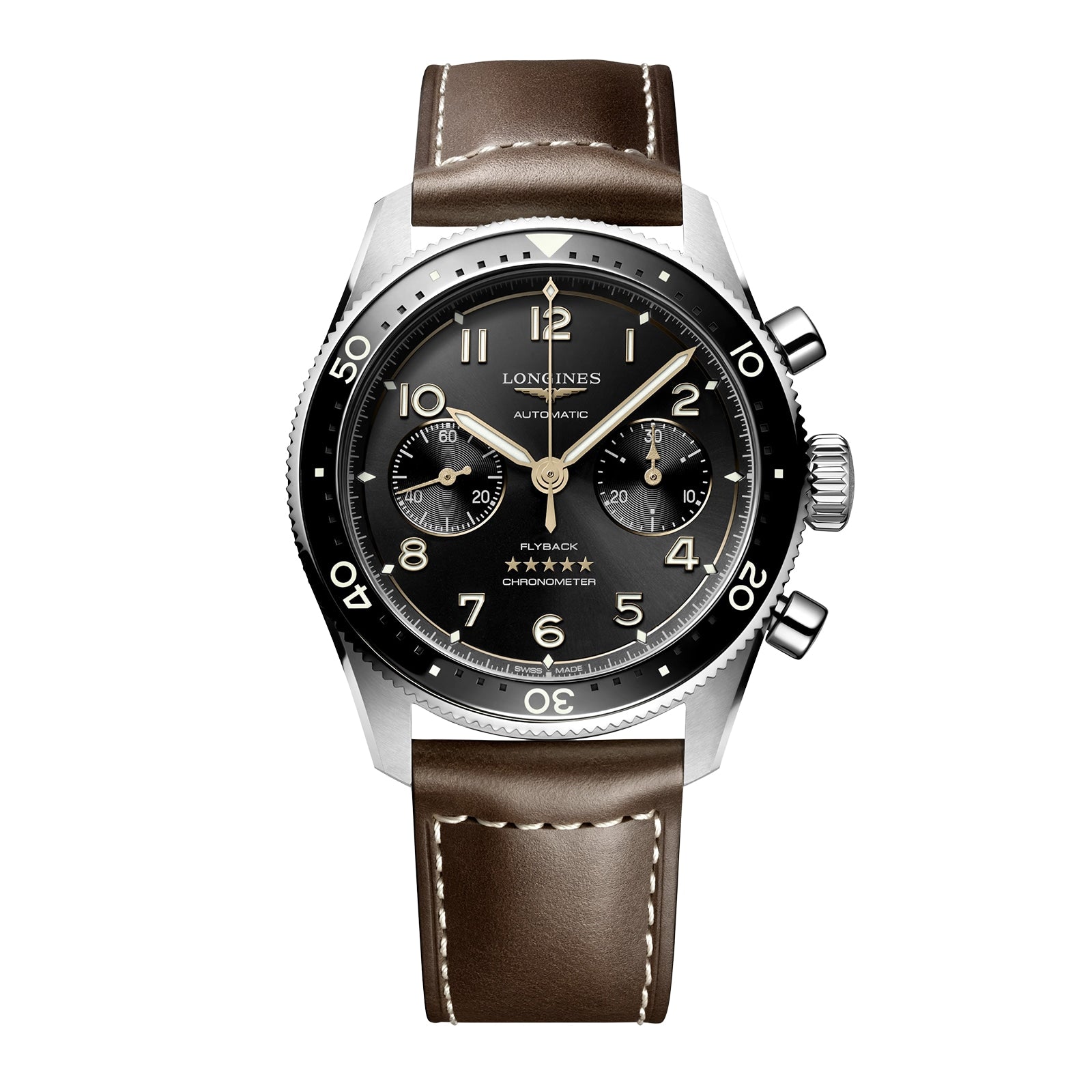 The Longines Spirit Flyback wristwatch features a brown leather strap, black dial, and chronograph subdials.