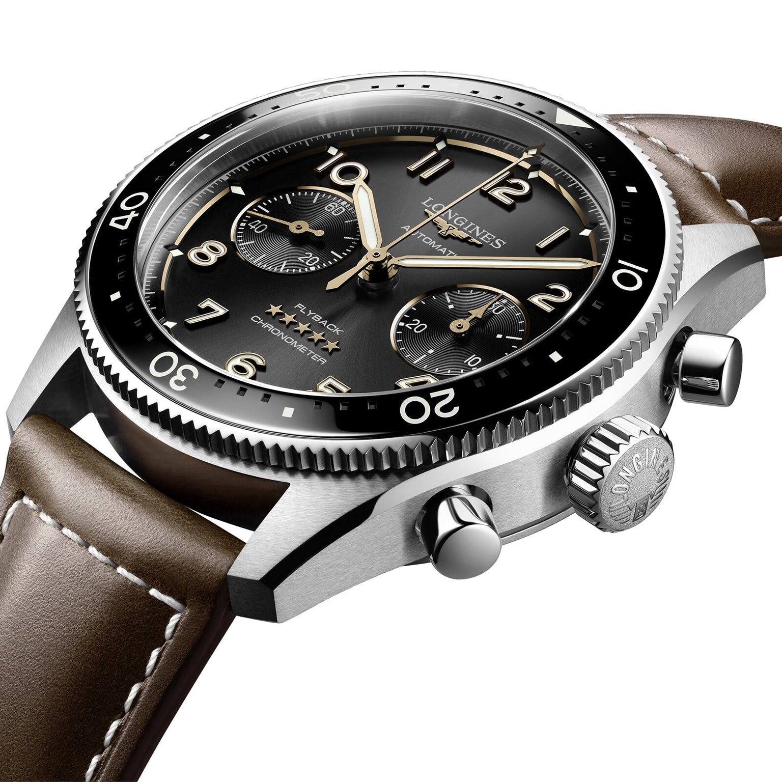 Close-up of the Longines Spirit Flyback with a brown leather strap, black dial, silver bezel, and two subdials—highlighting its COSC-certified chronograph precision and detailed automatic L791 calibre craftsmanship.