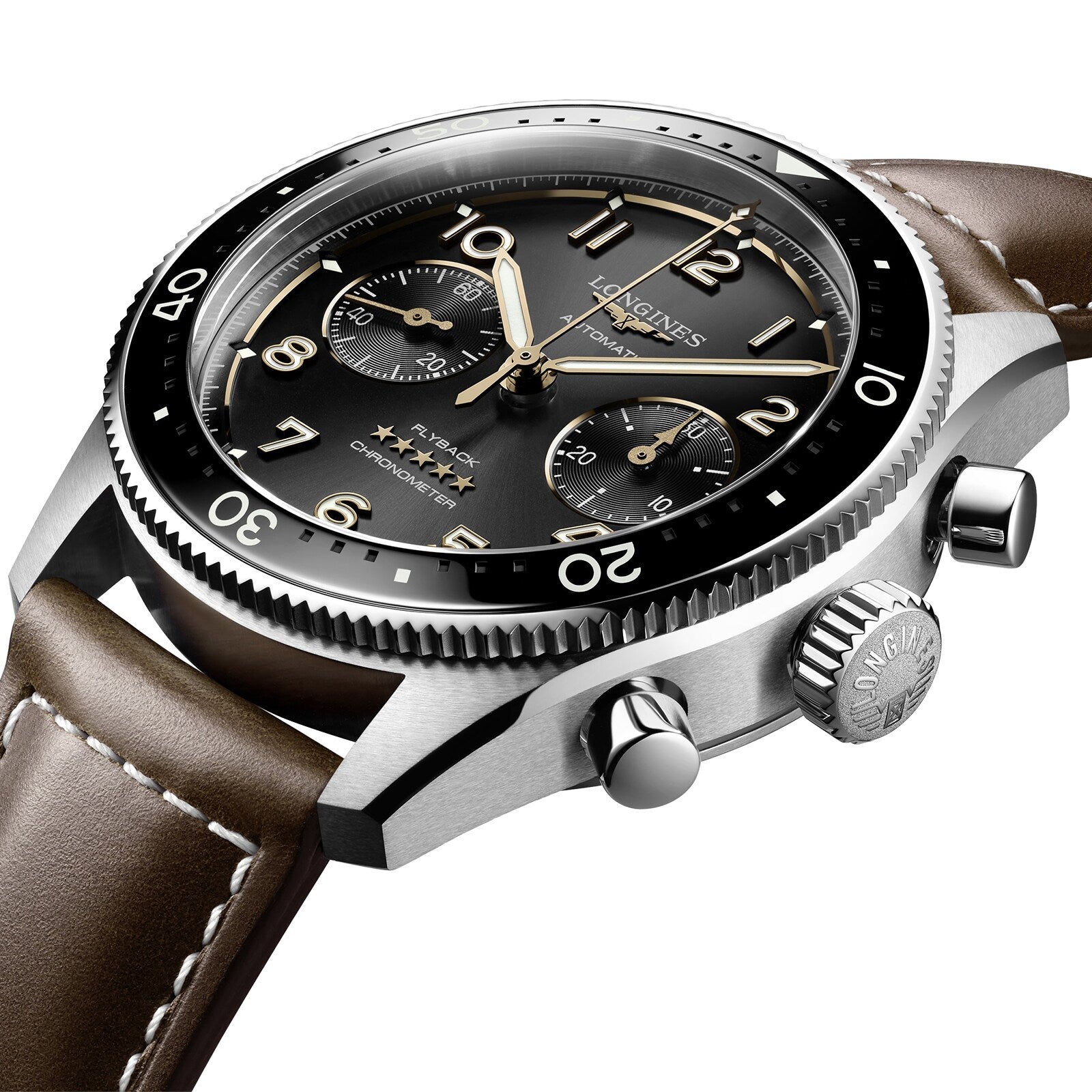 Close-up of the Longines Spirit Flyback with a brown leather strap, black dial, silver bezel, and two subdials—highlighting its COSC-certified chronograph precision and detailed automatic L791 calibre craftsmanship.