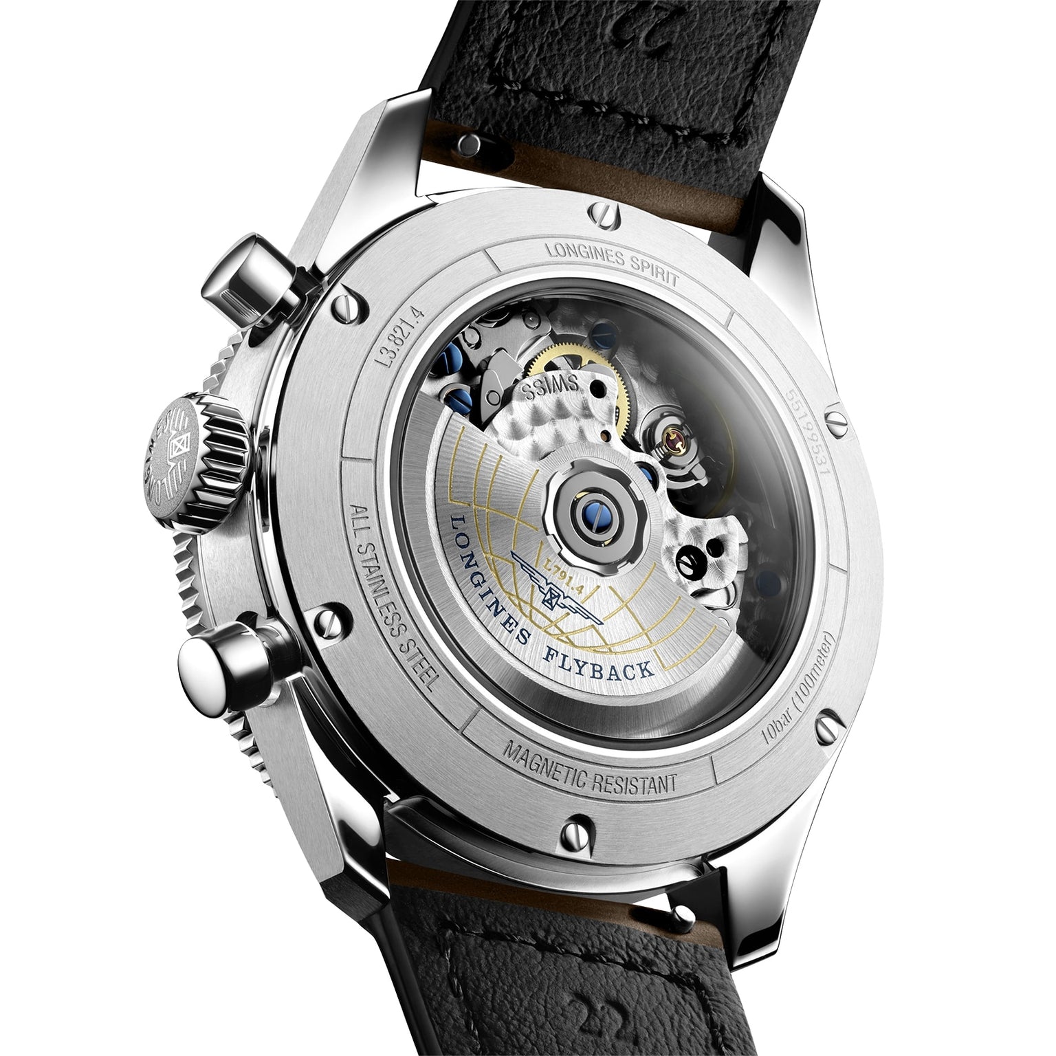 Close-up of the Longines Spirit Flyback watchs back, revealing its COSC-certified automatic L791 movement through a transparent case, labeled LONGINES FLYBACK.