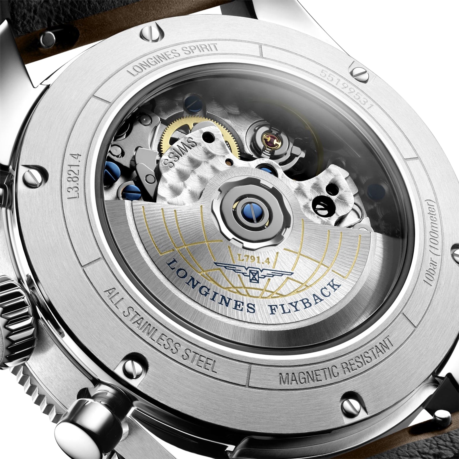 Close-up of the Longines Spirit Flyback’s exhibition caseback, showcasing its automatic movement and engraved stainless steel rim on this COSC-certified chronograph.