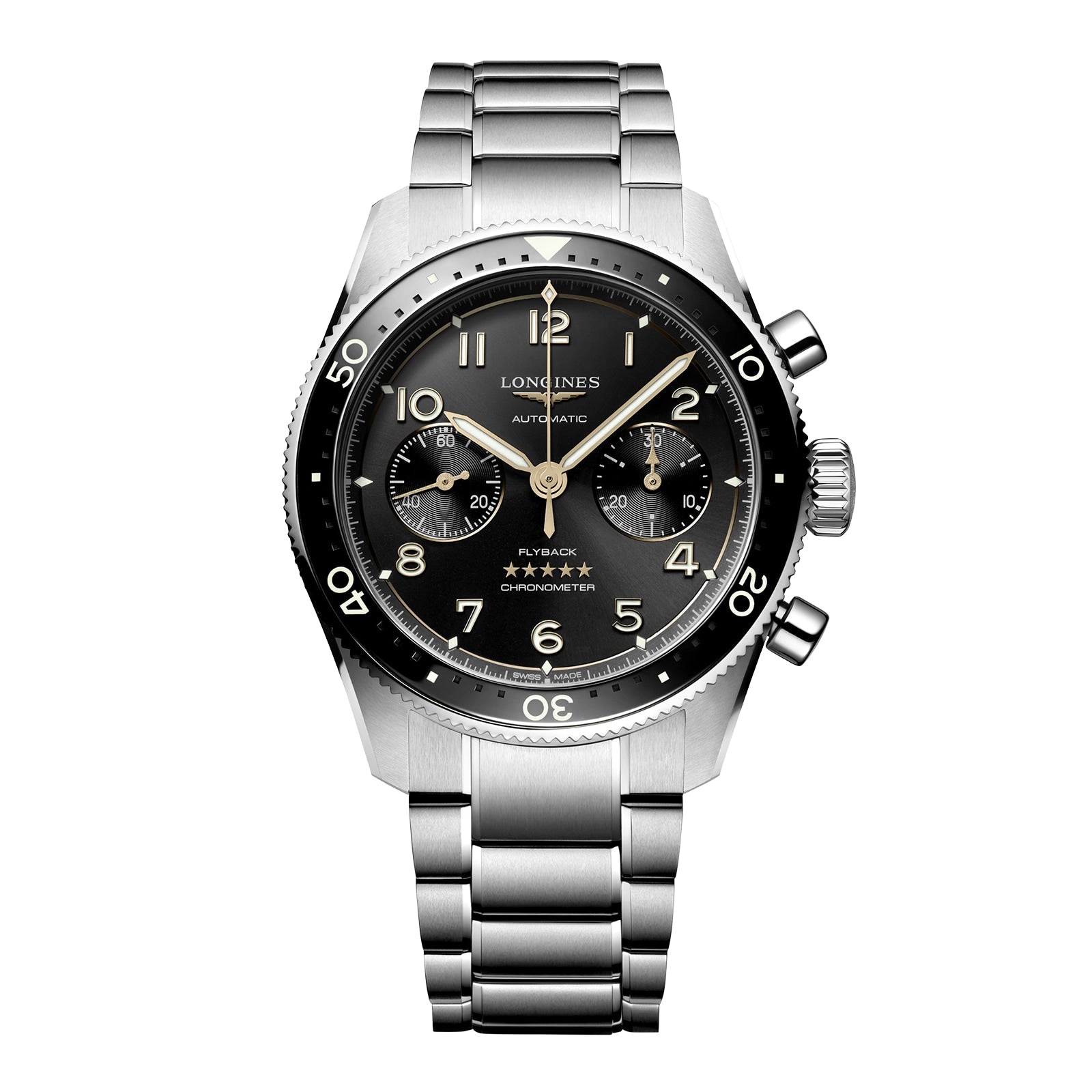 The Longines Spirit Flyback is a stainless steel chronograph wristwatch with a black dial, three subdials, and a metal bracelet, reflecting the brand’s historic aviation heritage.