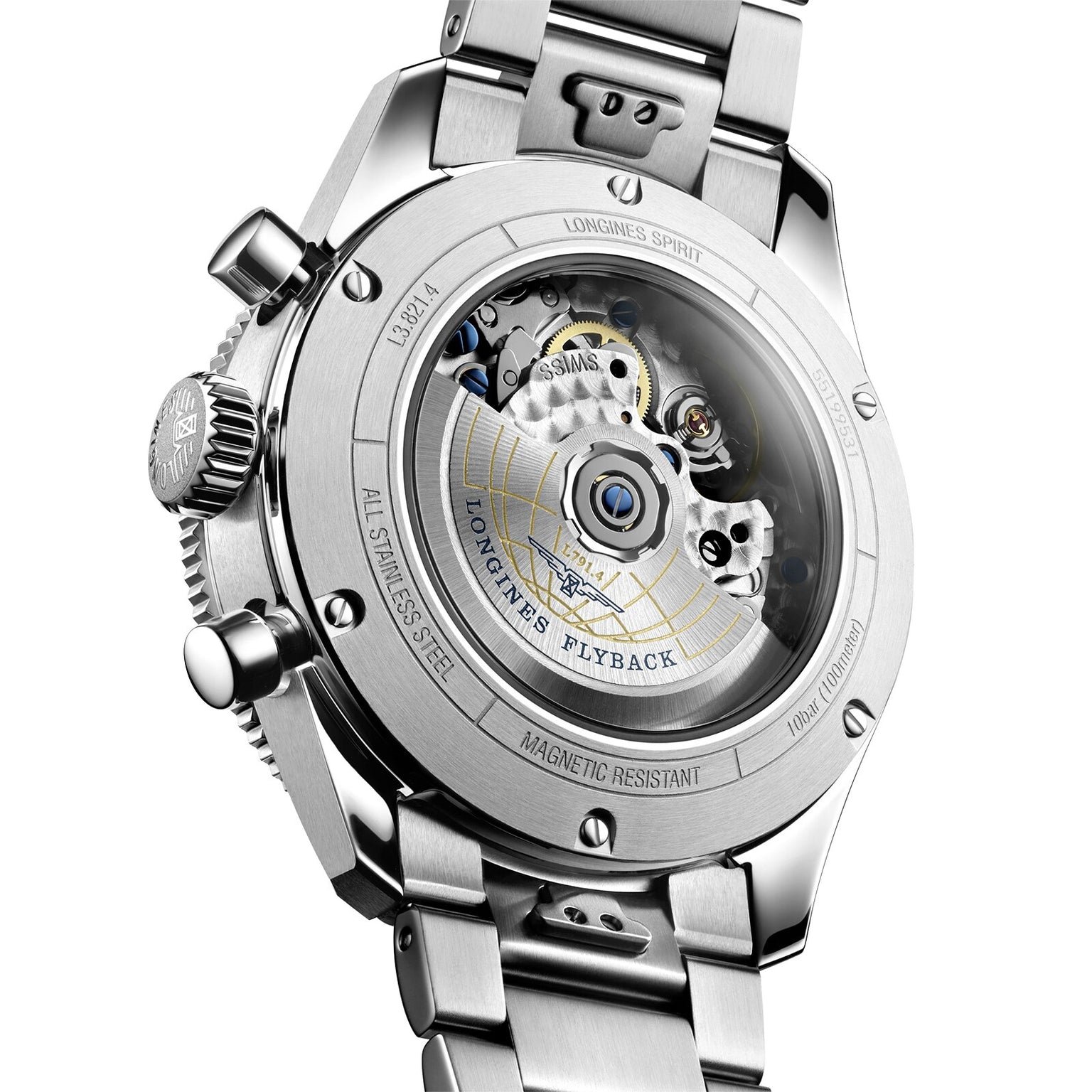 Close-up of the stainless steel case back of the Longines Spirit Flyback, showcasing its automatic movement and the Longines Flyback inscription—a nod to the aviation heritage of this renowned brand.