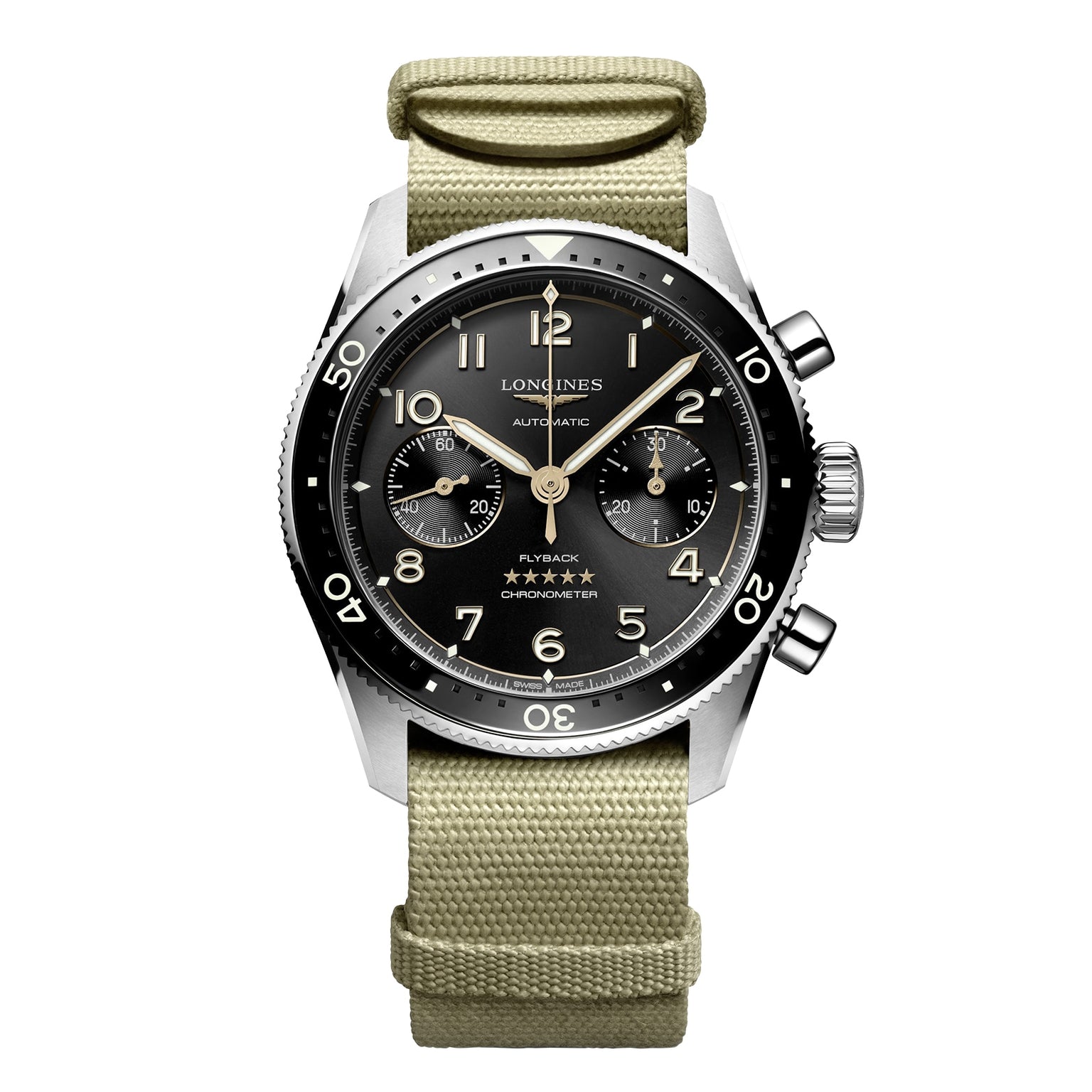 The Longines Spirit Flyback chronograph watch features a black dial with three subdials, a beige fabric strap, and an automatic calibre L791, displayed against a white background.