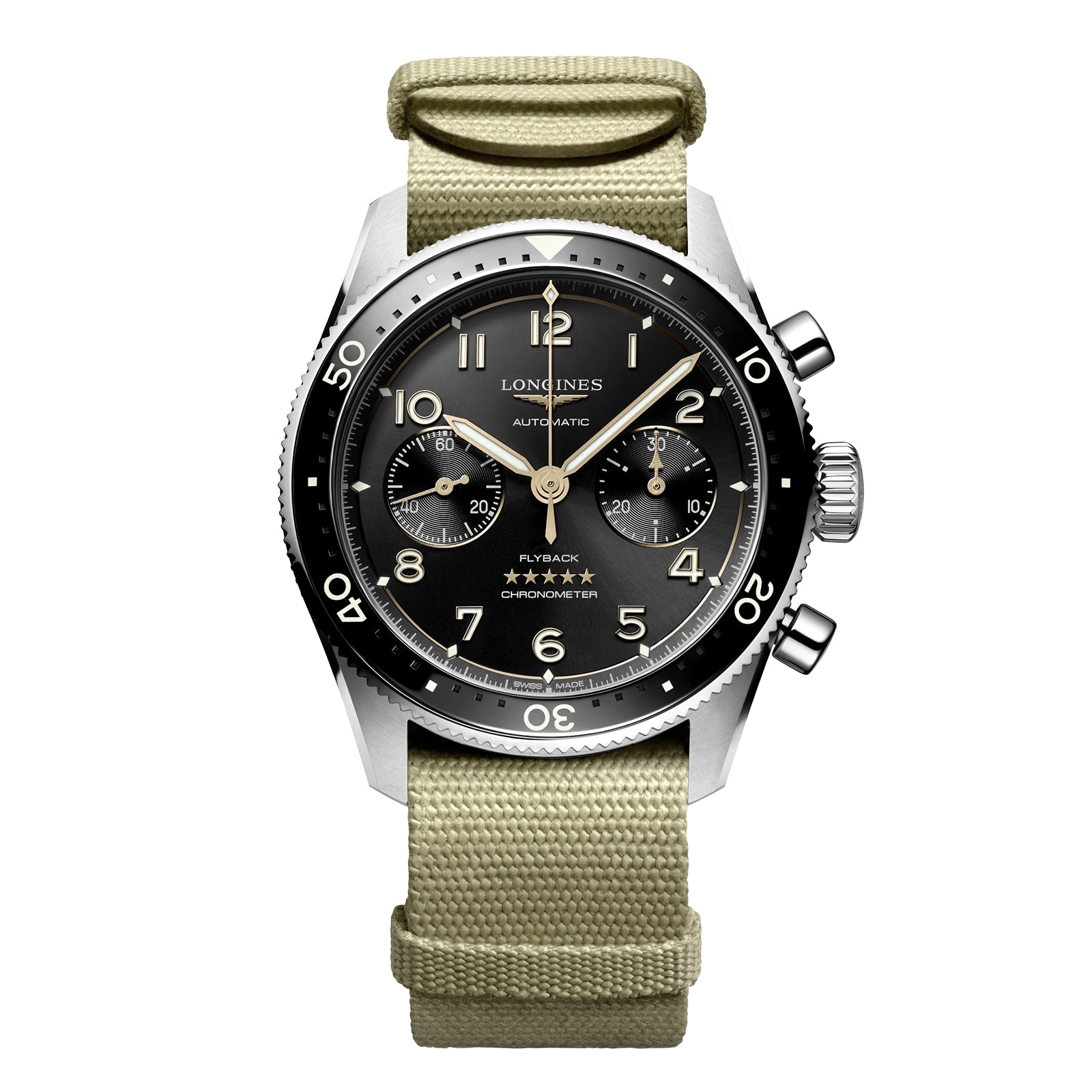 The Longines Spirit Flyback chronograph watch features a black dial with three subdials, a beige fabric strap, and an automatic calibre L791, displayed against a white background.