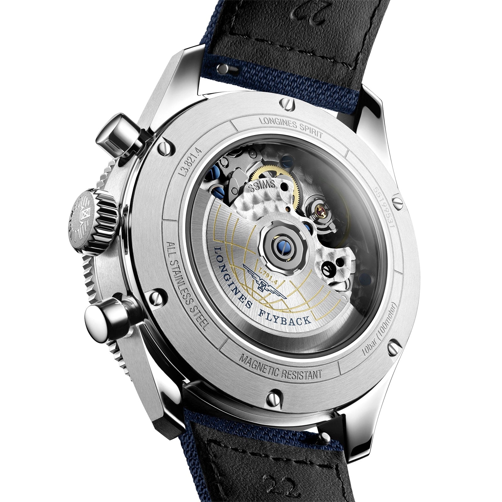 Close-up of the Longines Spirit Flybacks back, showing its stainless steel case and see-through case back that displays the automatic calibre L791 movement and engraved details.