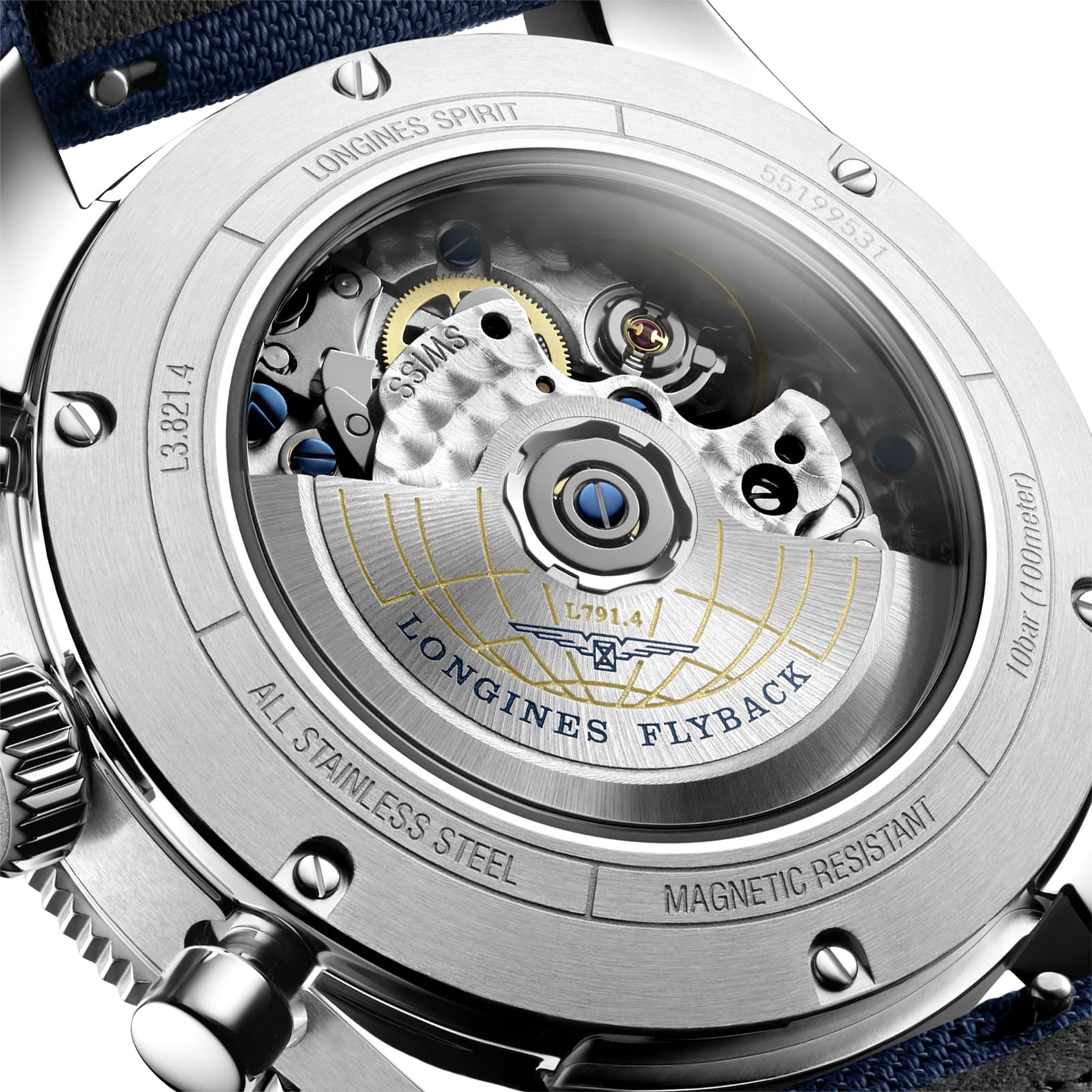 Close-up of the Longines Spirit Flyback, showing its automatic movement through a transparent case back in a sleek stainless steel case.