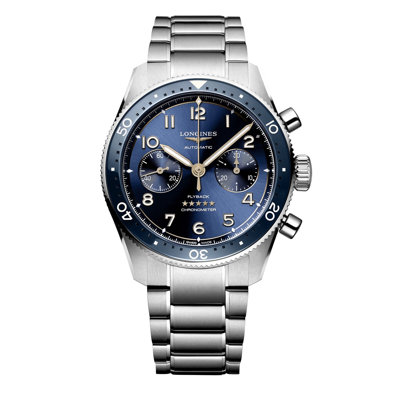The Longines Spirit Flyback is a stainless steel wristwatch featuring a blue sunray dial, chronograph subdials, rotating bezel, metal link bracelet, and the Longines branding on the face.