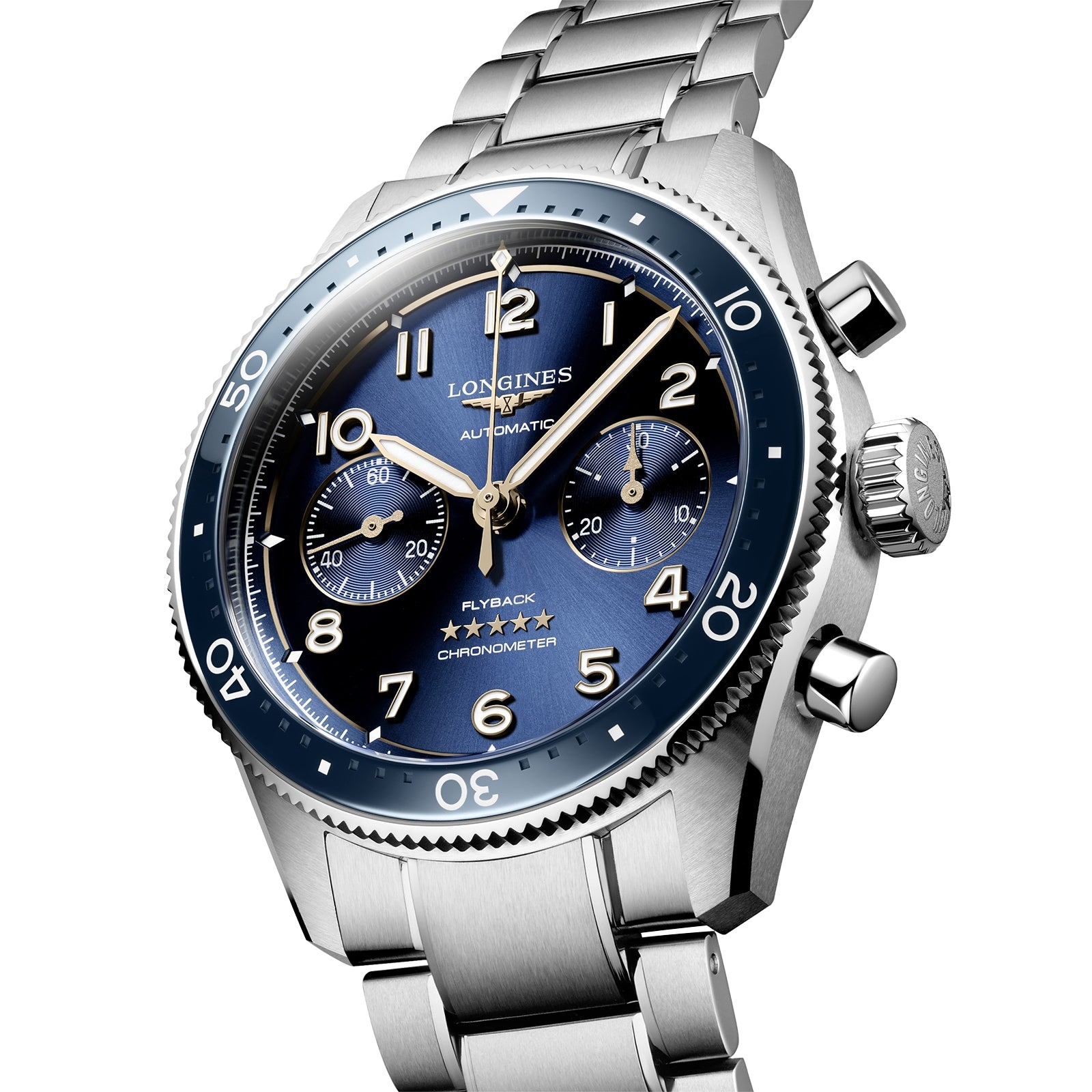 A close-up of the Longines Spirit Flyback, an automatic wristwatch featuring a blue sunray dial, stainless steel bracelet, and multiple chronograph sub-dials.