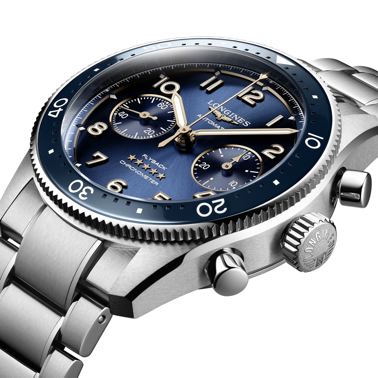 The Longines Spirit Flyback wristwatch features a blue sunray dial with three subdials, gold hands, bold numerals, and a stainless steel bracelet. Powered by automatic calibre L791 for precise timekeeping.