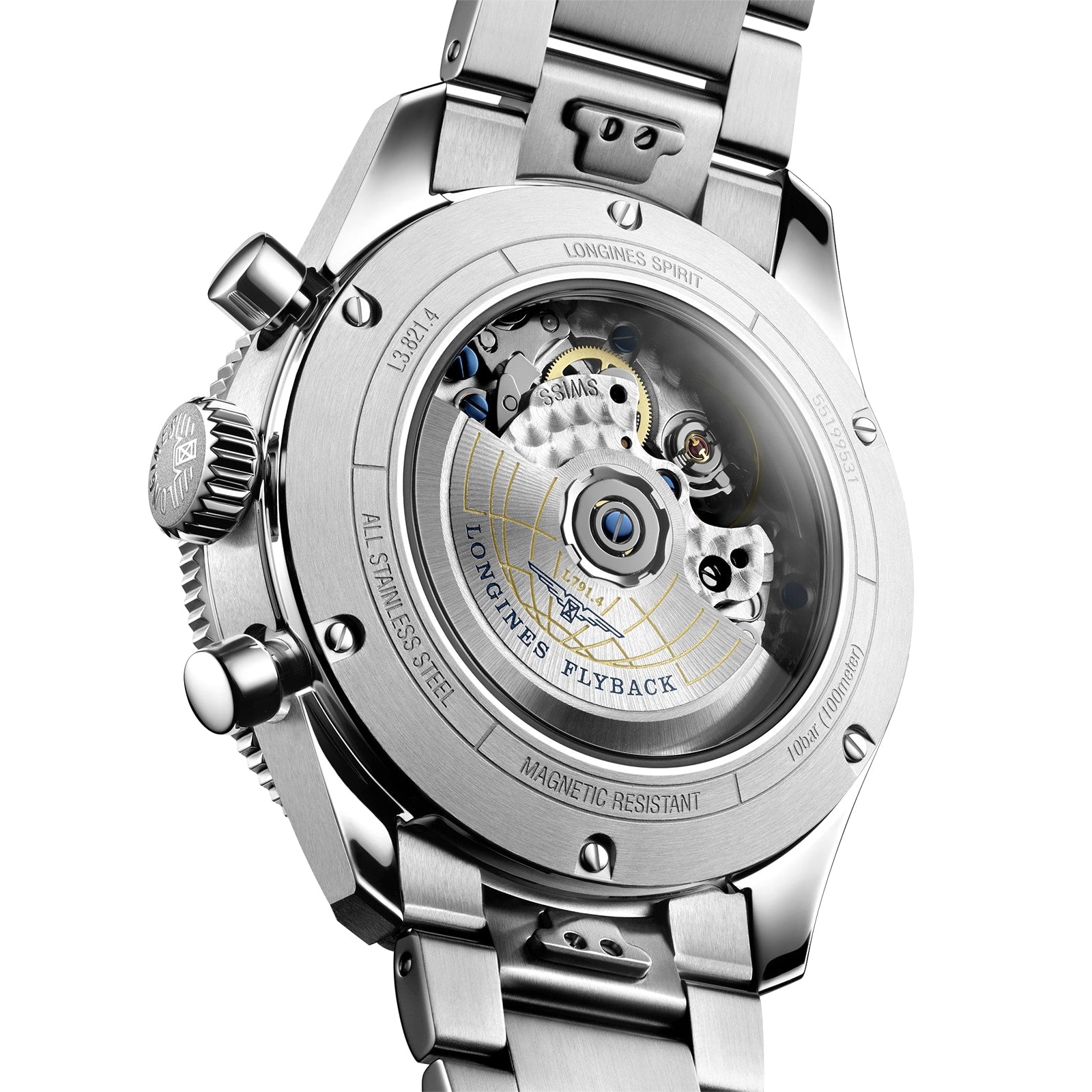 Close-up of the Longines Spirit Flyback watchs back, showcasing its automatic movement through a transparent caseback.