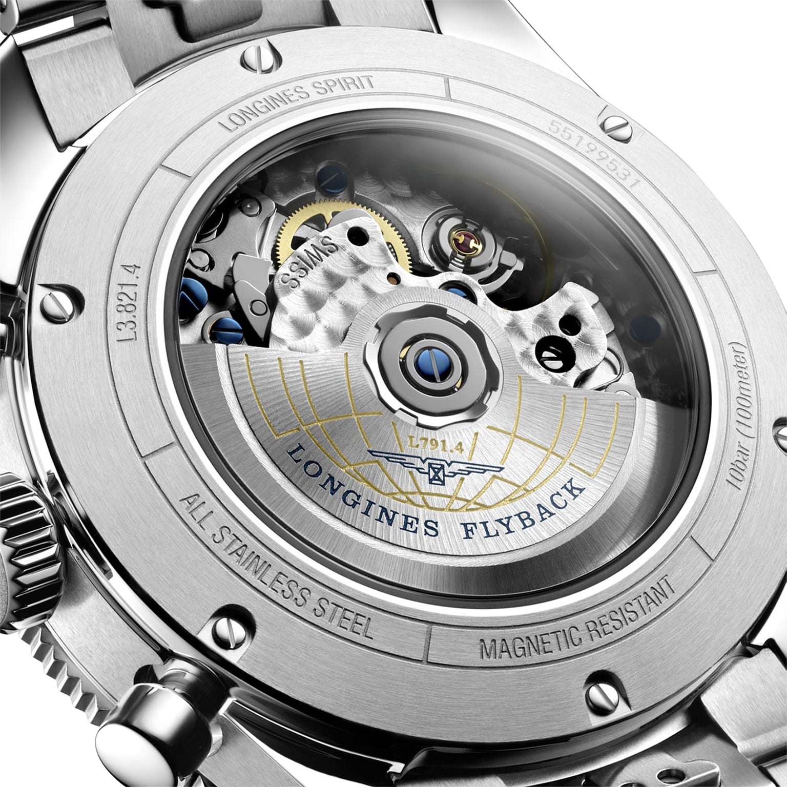 Close-up of the Longines Spirit Flyback, showcasing its intricate automatic calibre L791 movement through a transparent stainless steel case back.