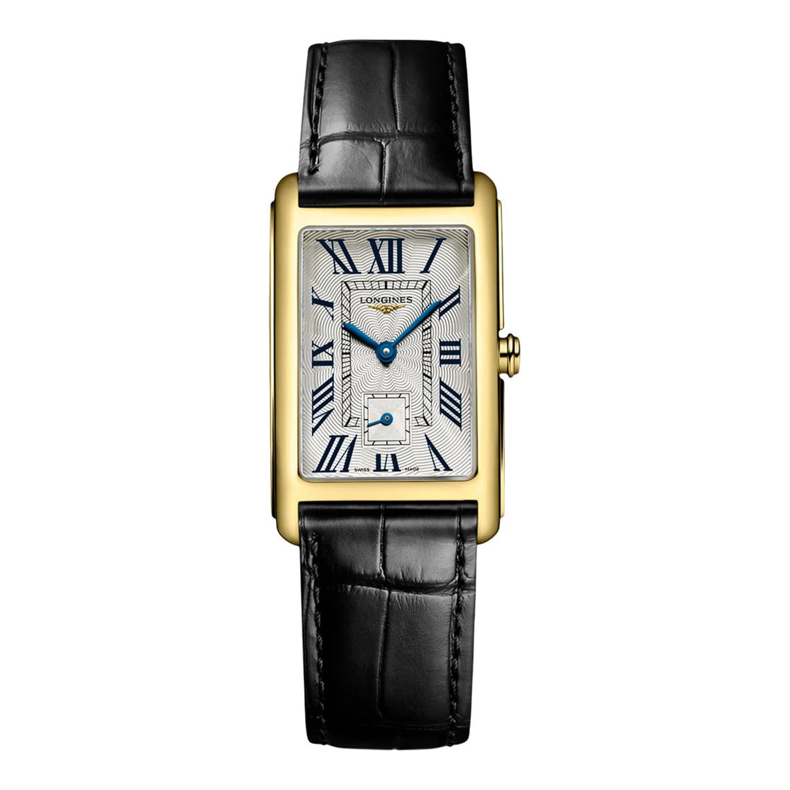 The Longines DolceVita showcases timeless elegance with its 18K yellow gold case, white dial, blue Roman numerals and hands, small seconds subdial, and a classic black leather strap.