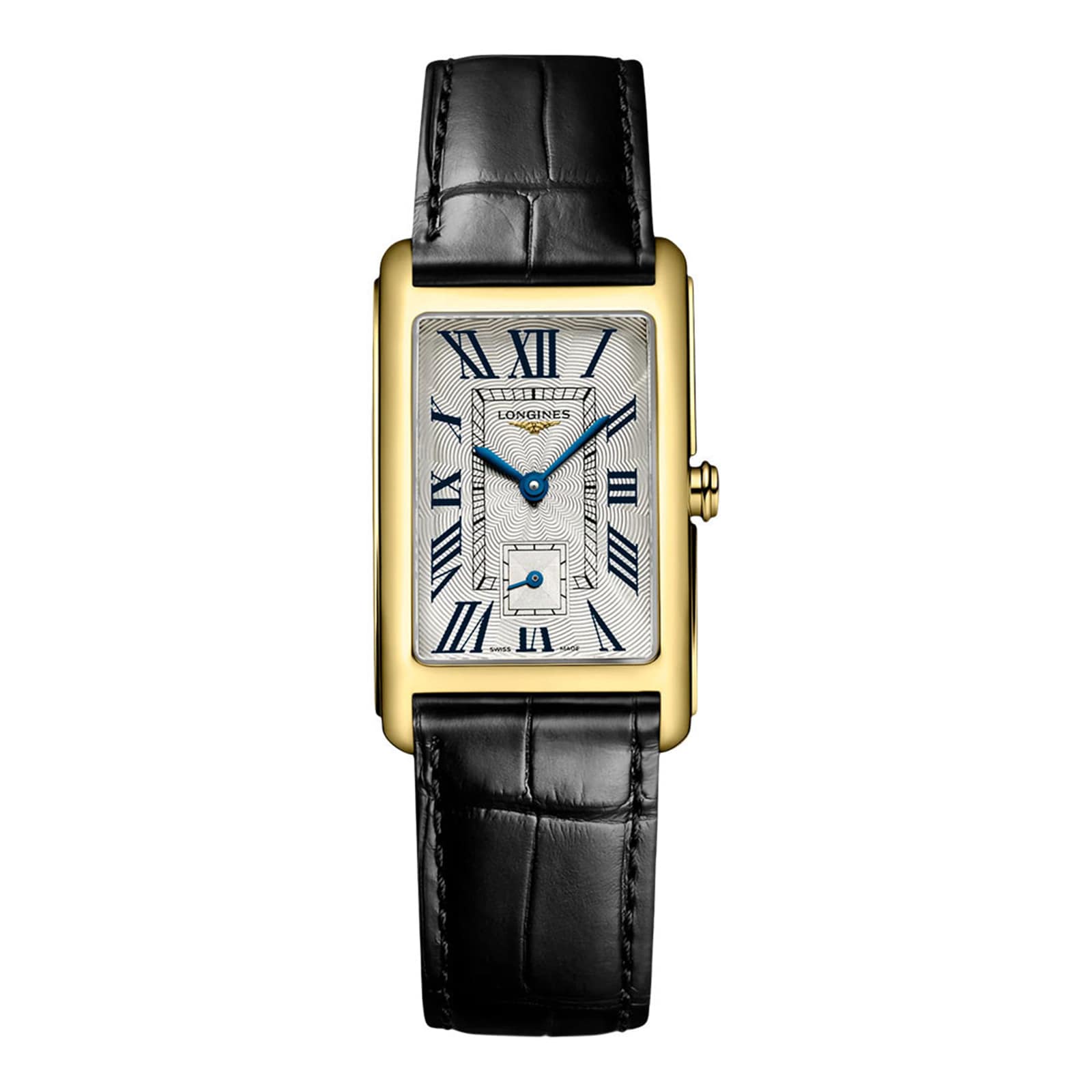 The Longines DolceVita showcases timeless elegance with its 18K yellow gold case, white dial, blue Roman numerals and hands, small seconds subdial, and a classic black leather strap.