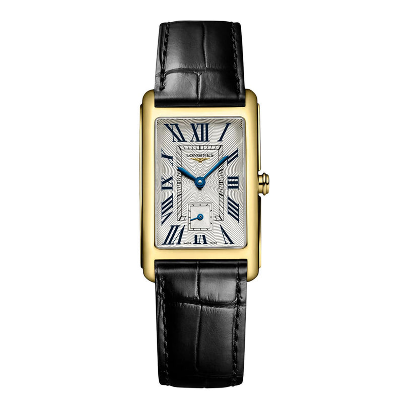 The Longines DolceVita showcases timeless elegance with its 18K yellow gold case, white dial, blue Roman numerals and hands, small seconds subdial, and a classic black leather strap.