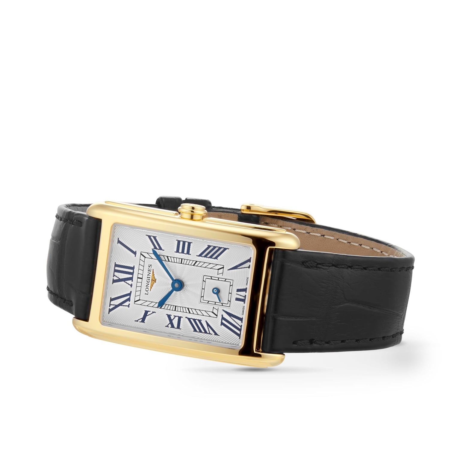 The Longines DolceVita features a rectangular 18K yellow gold case, white dial with Roman numerals, blue hands, date window, and a black leather strap for timeless elegance.
