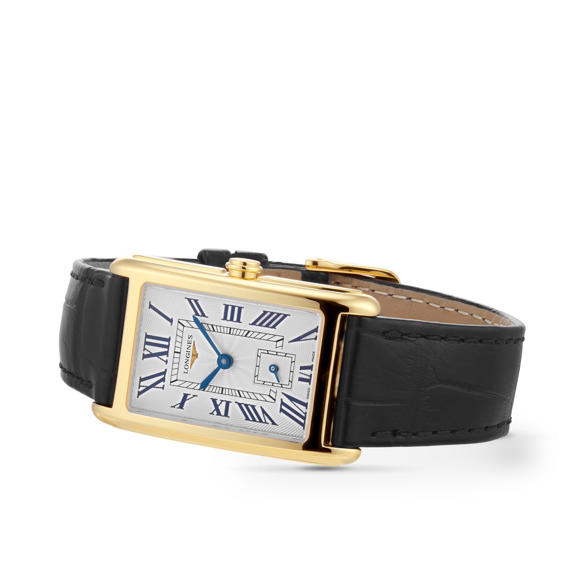 The Longines DolceVita features a rectangular 18K yellow gold case, white dial with Roman numerals, blue hands, date window, and a black leather strap for timeless elegance.