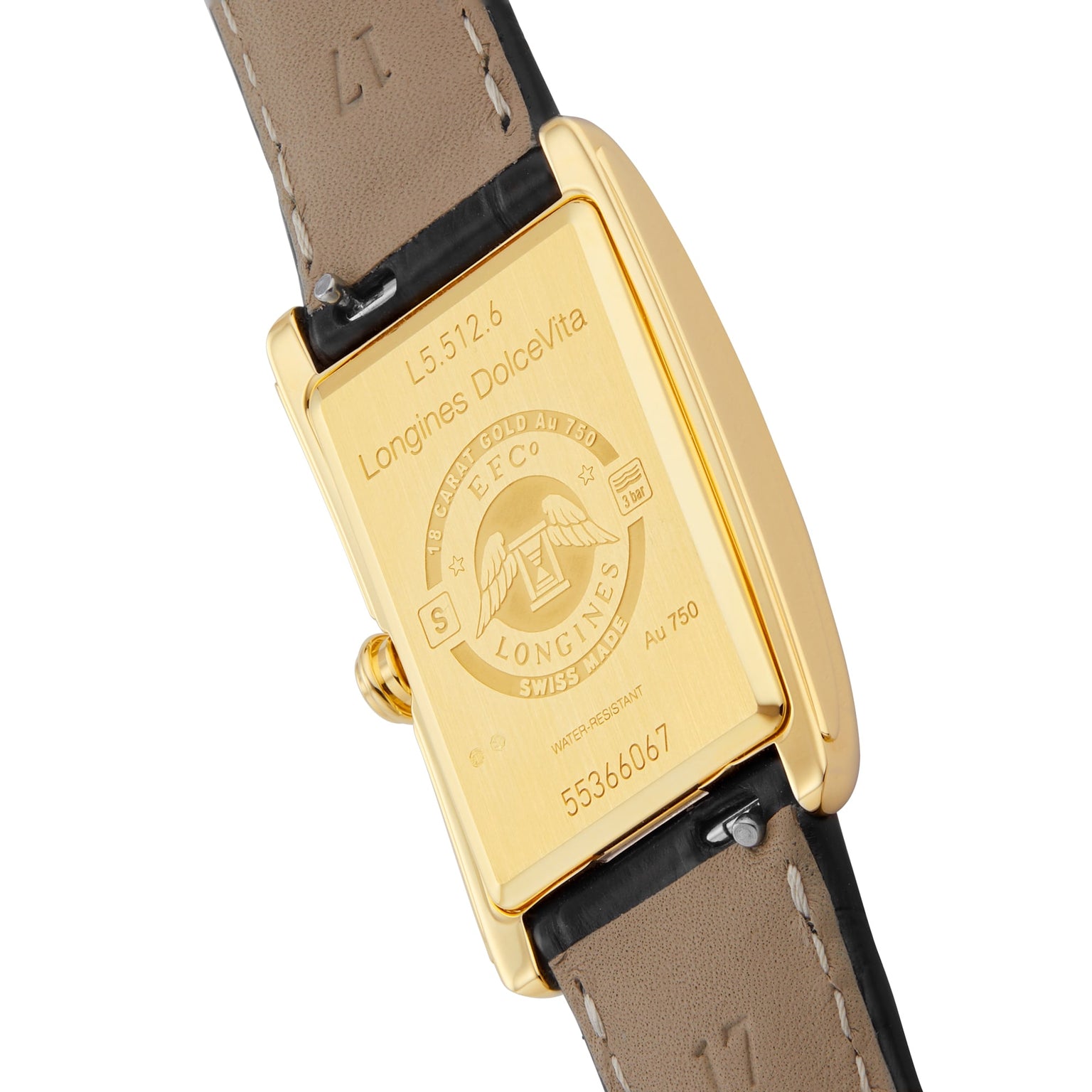 The Longines DolceVita features an 18K yellow gold case with engraved model details, serial number, and certification marks on the back, emphasizing its timeless elegance and refined leather strap.