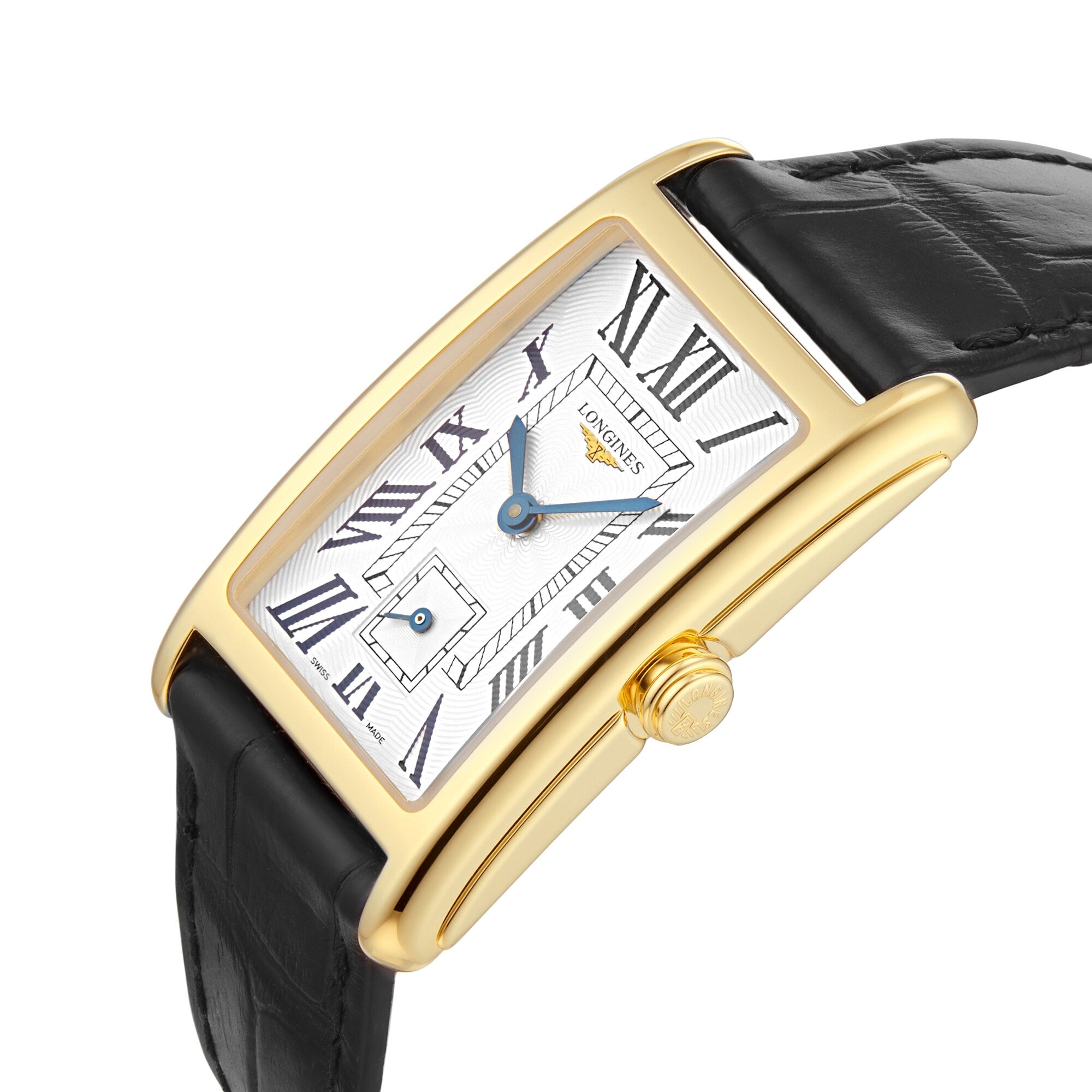 The Longines DolceVita wristwatch features a rectangular 18K yellow gold case, white dial with black Roman numerals, blue hands, and a black leather strap—photographed at an angle to highlight its elegance.