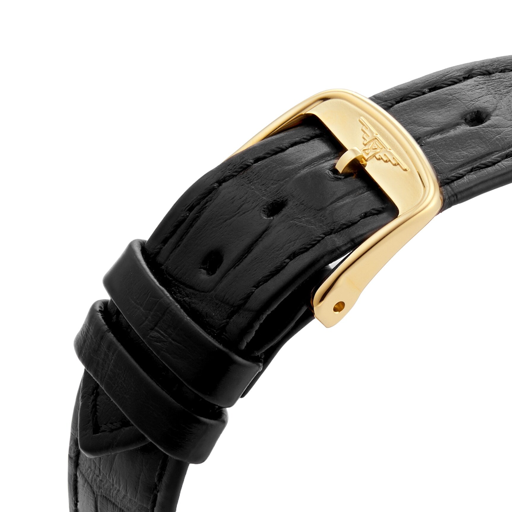 Close-up of a black leather strap with a gold buckle featuring an engraved logo, reflecting the timeless elegance of the Longines DolceVita and its signature 18K yellow gold case.
