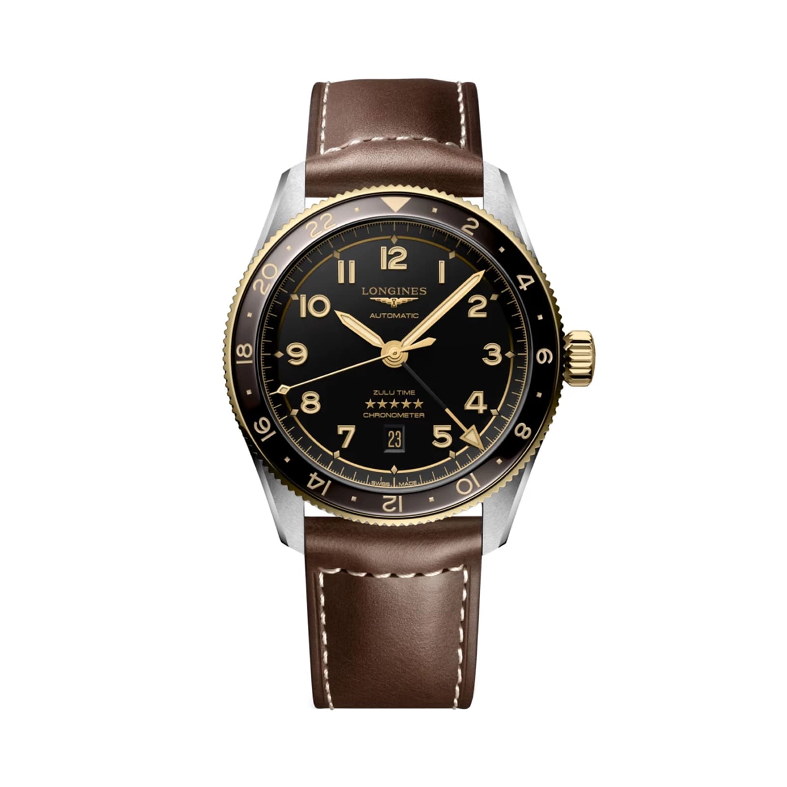 The Longines Spirit Zulu Time features a brown leather strap, black dial, gold bezel, gold-tone hands and numerals, the Longines logo, and automatic movement—crafted in the adventurous spirit of exploration.