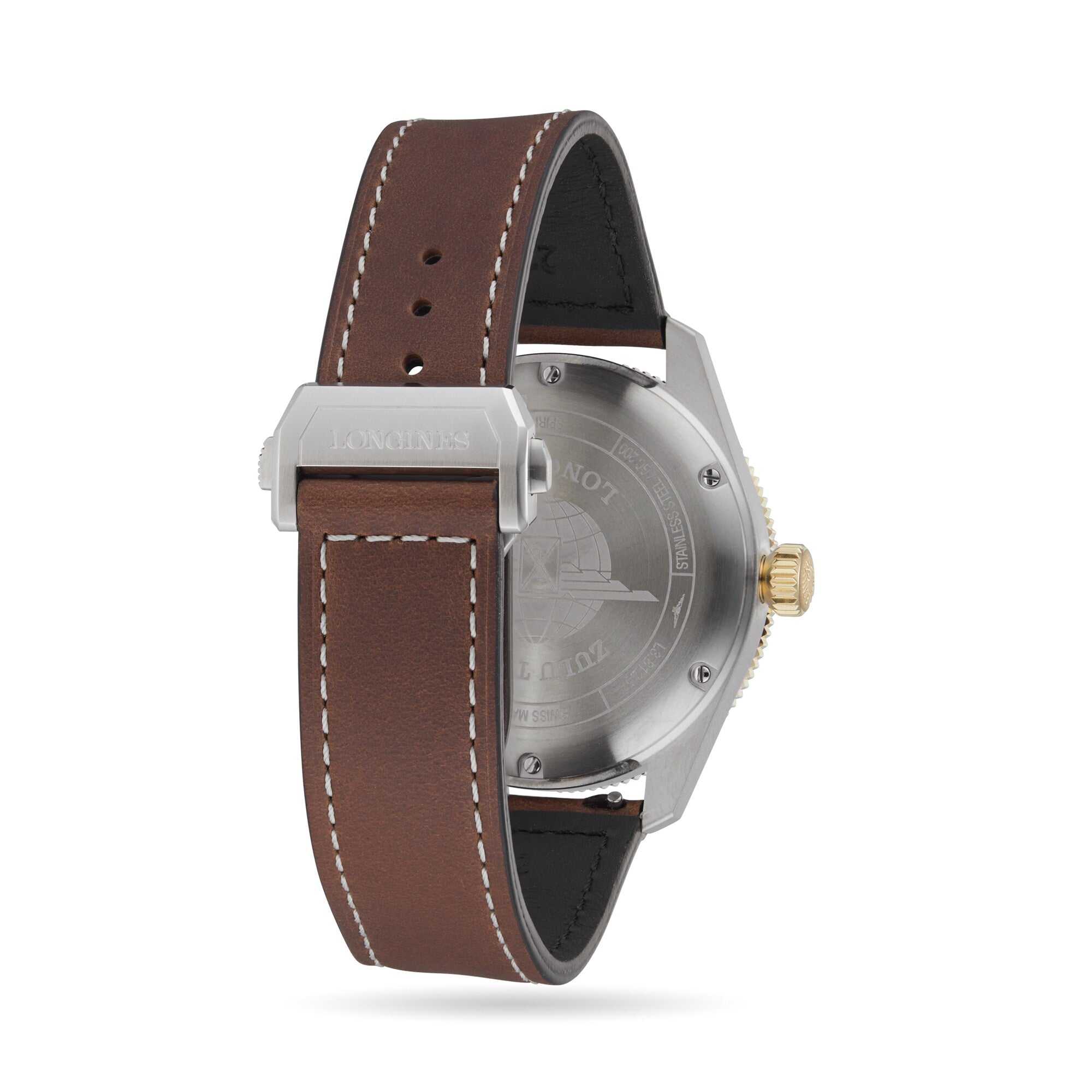 The Longines Spirit Zulu Time features a brown leather strap, silver case, gold crown, and an exploration-themed engraved case back on this chronometer-certified timepiece.