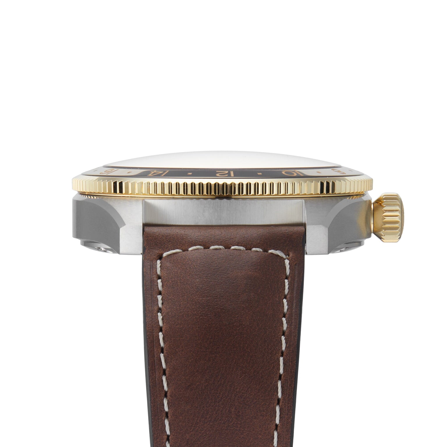 Side view of the Longines Spirit Zulu Time, featuring a brown leather strap, stainless steel case, and gold-toned bezel and crown—crafted for exploration with chronometer-certified precision.