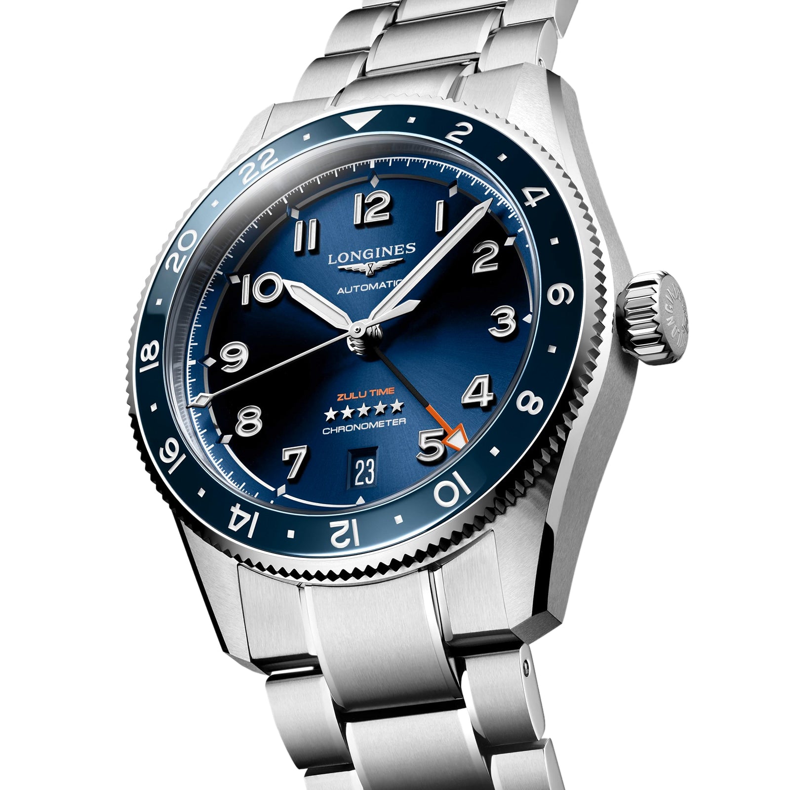 The Longines Spirit Zulu Time is a stainless steel automatic wristwatch with a blue dial, 24-hour bezel, date at 6 o’clock, and steel bracelet. Chronometer certified for precision.