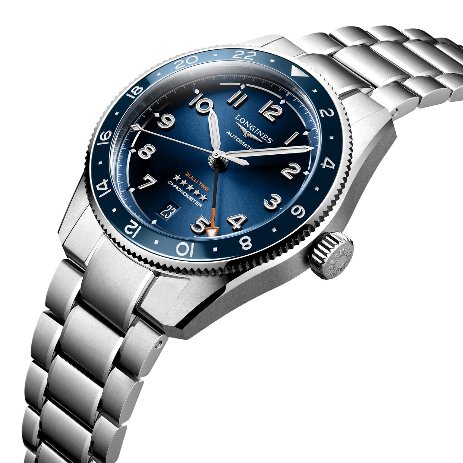 The Longines Spirit Zulu Time features a blue dial, silver hour markers, chronometer-certified movement, and a stainless steel bracelet—an elegant timepiece from the renowned Longines brand.