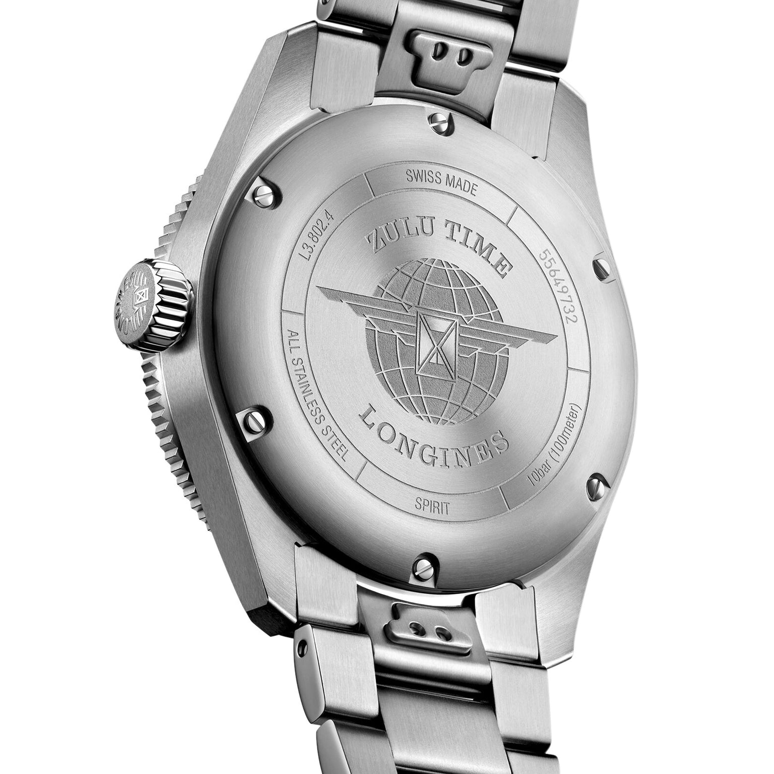 Close-up of the Longines Spirit Zulu Time’s caseback, showing an engraved globe, wings logo, and text on its stainless steel bracelet—emphasizing chronometer-certified precision from Longines.