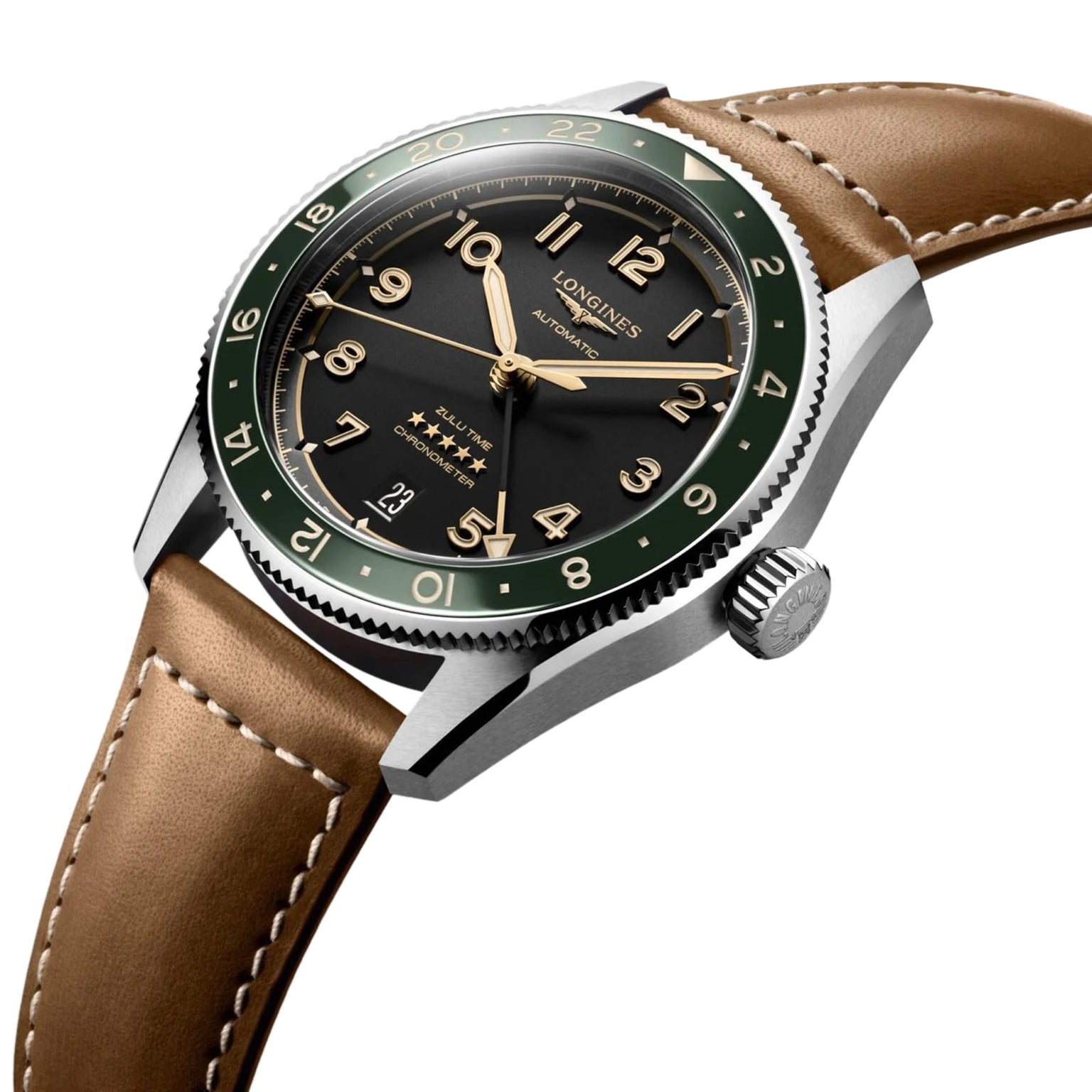 The Longines Spirit Zulu Time wristwatch boasts a stainless steel case, green bezel, black dial with gold accents, brown leather strap, and date window at 6—ideal for enthusiasts of precision and timeless style.