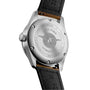 The back of the Longines Spirit Zulu Time watch displays a globe engraving, detailed inscriptions around the stainless steel case back, and is paired with a black leather strap.