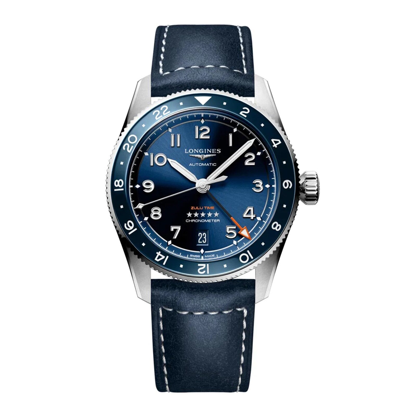 The Longines Spirit Zulu Time features a stainless steel case, blue leather strap, blue dial with white numerals, date window, and a two-tone 24-hour bezel for tracking multiple time zones.