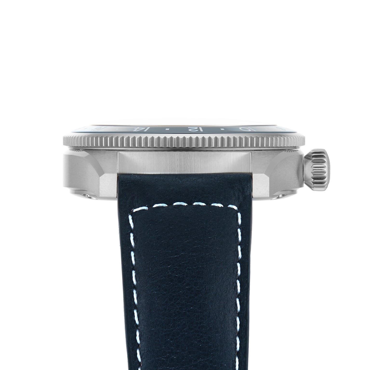 Side view of the Longines Spirit Zulu Time wristwatch, showcasing a stainless steel case, crown, black leather strap with white stitching, and a black bezel with white numerals for tracking multiple time zones.