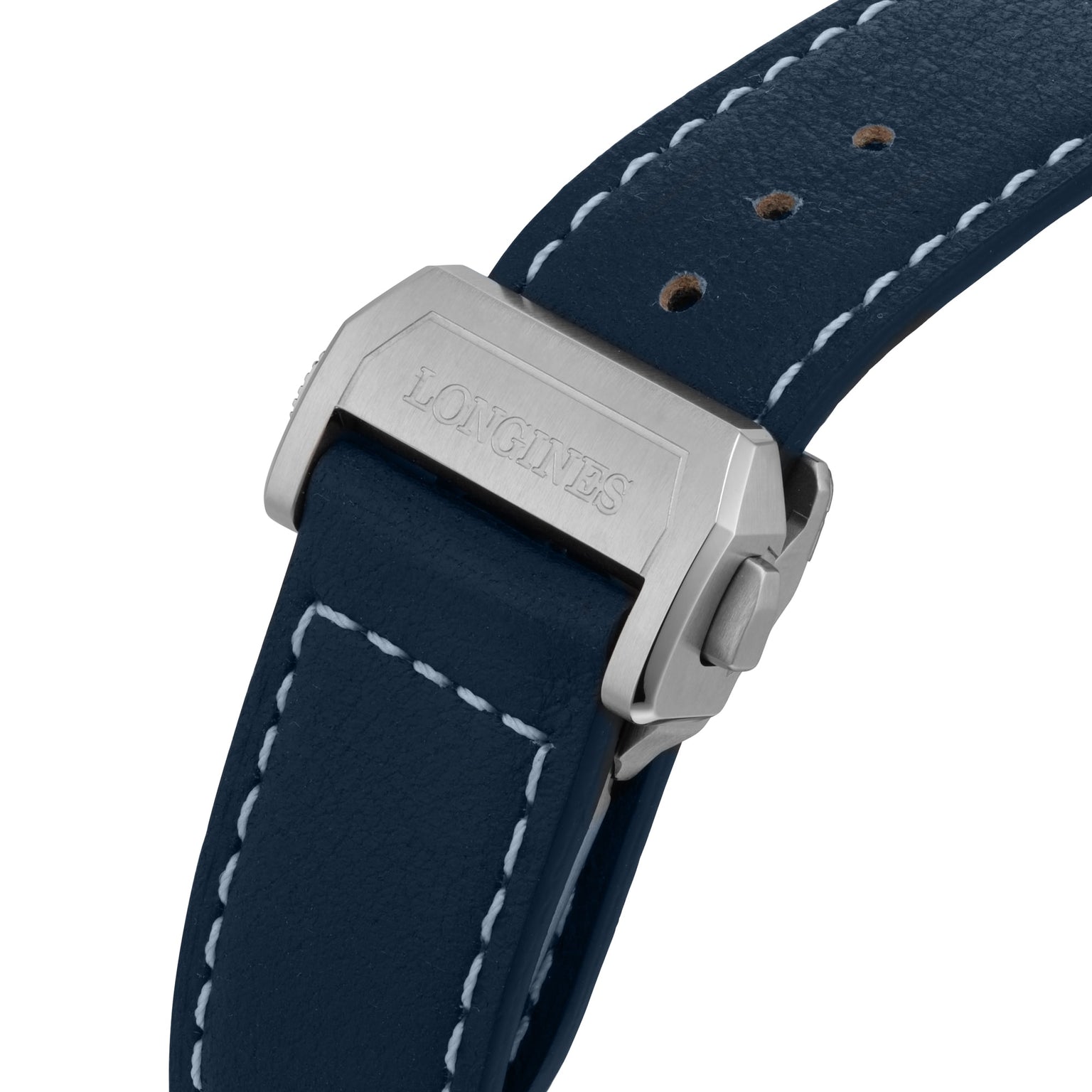 Close-up of a blue leather strap with white stitching and a silver Longines-engraved buckle, paired with the iconic Longines Spirit Zulu Time stainless steel case.