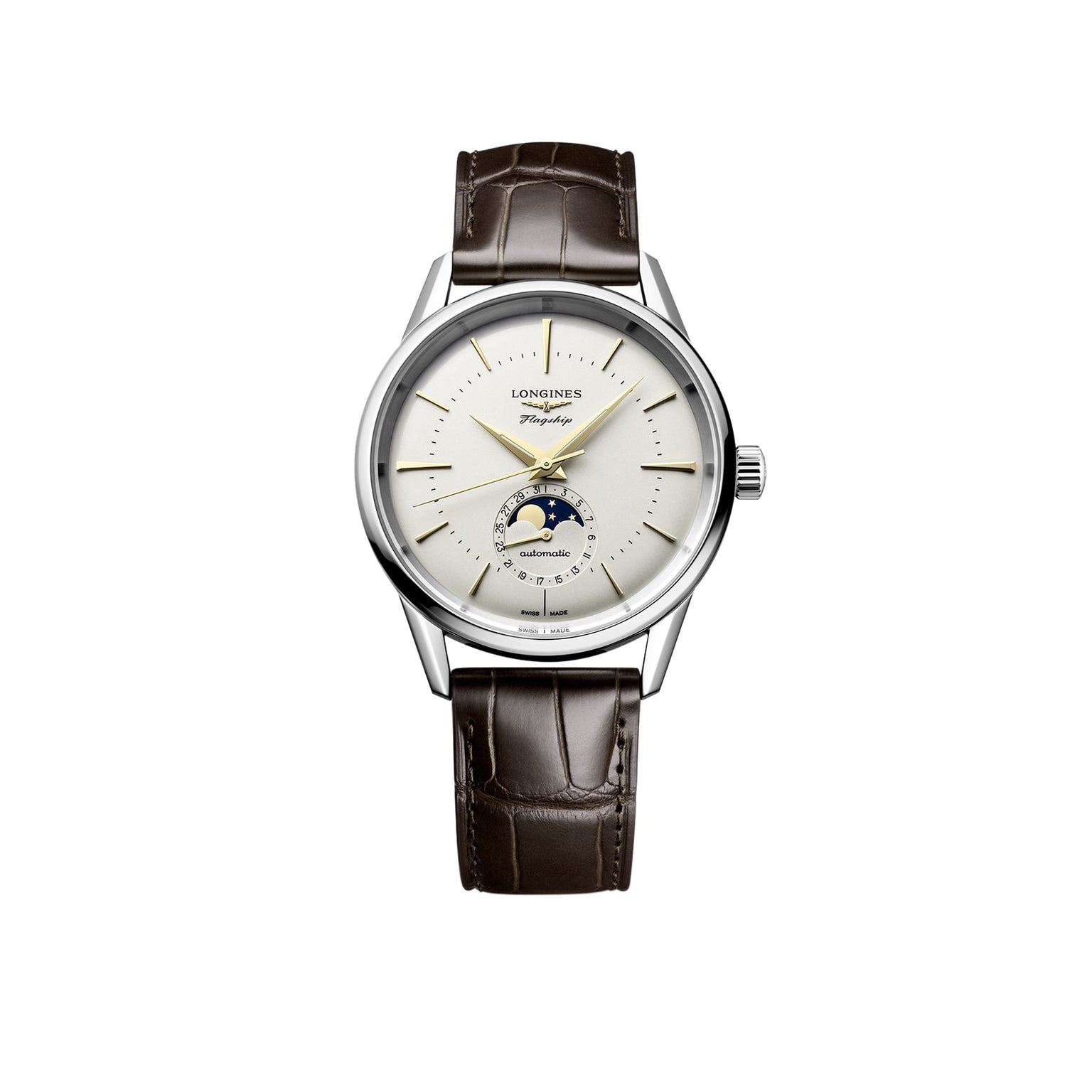 A Longines Flagship Heritage Moonphase wristwatch featuring a white dial, moon phase subdial, gold hands, and a brown leather strap, shown against a white background.
