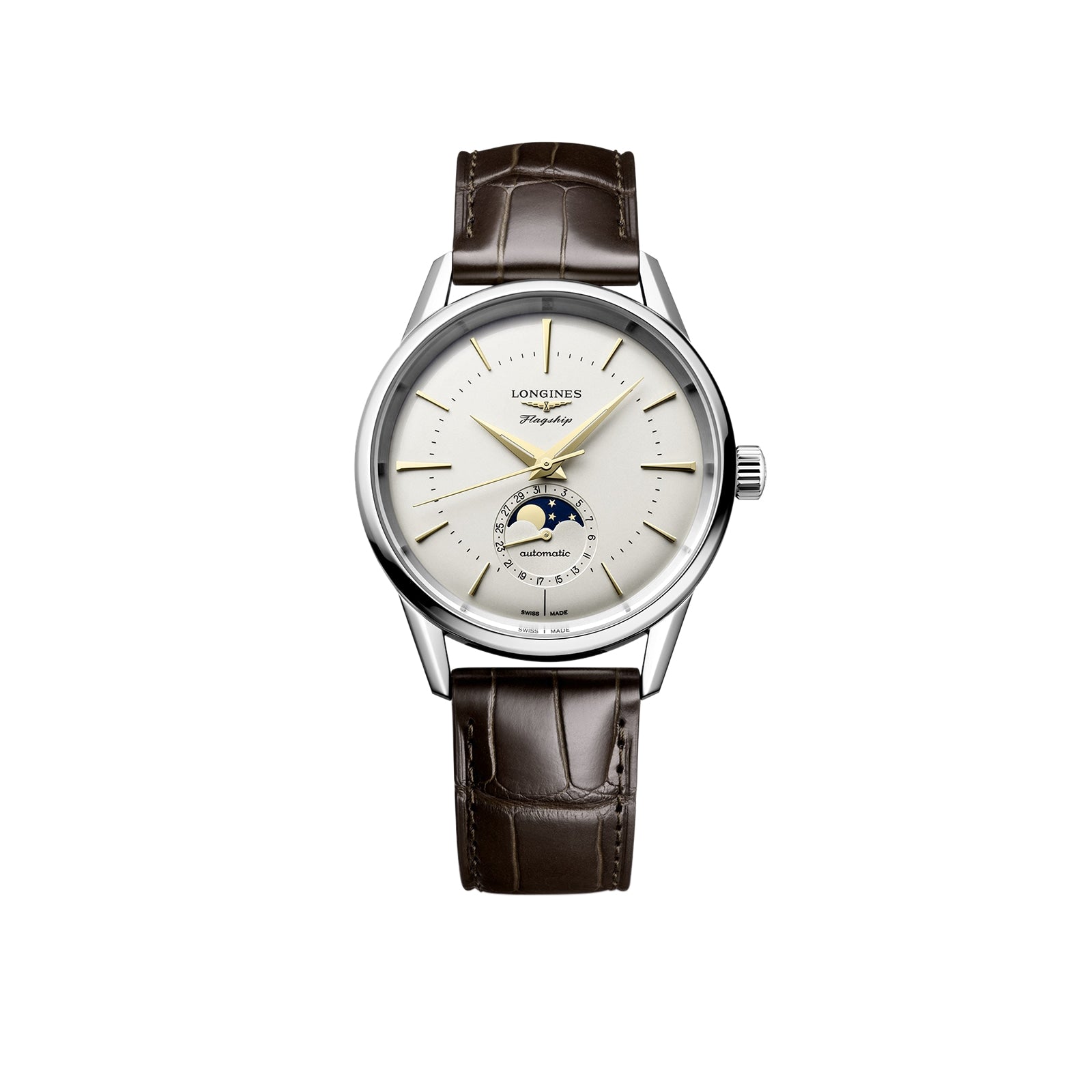 A Longines Flagship Heritage Moonphase wristwatch featuring a white dial, moon phase subdial, gold hands, and a brown leather strap, shown against a white background.