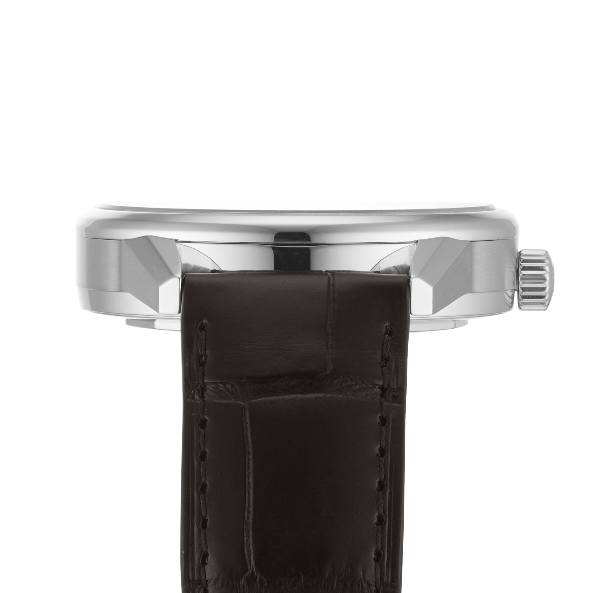 Side view of a silver Longines Flagship Heritage Moonphase case with crown, paired with a dark brown leather strap.