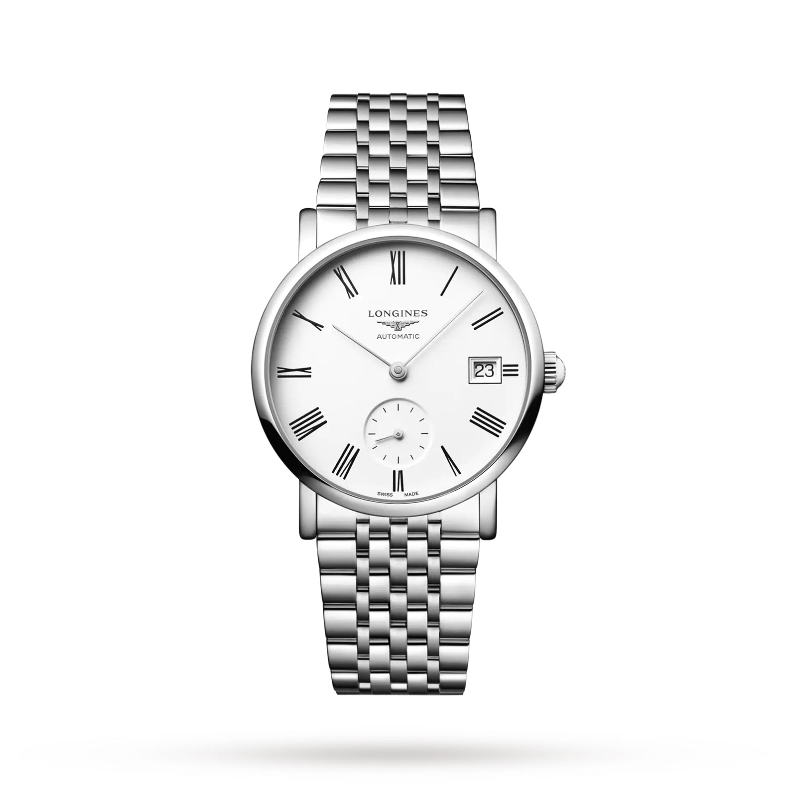 A Longines Elegant Collection silver wristwatch with a white face, Roman numerals, small seconds subdial, date at 3 o’clock, and metal link bracelet is displayed on a white background.