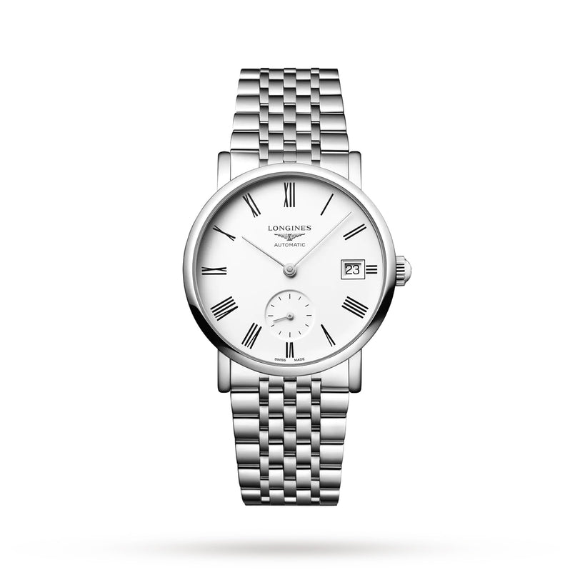 A Longines Elegant Collection silver wristwatch with a white face, Roman numerals, small seconds subdial, date at 3 o’clock, and metal link bracelet is displayed on a white background.