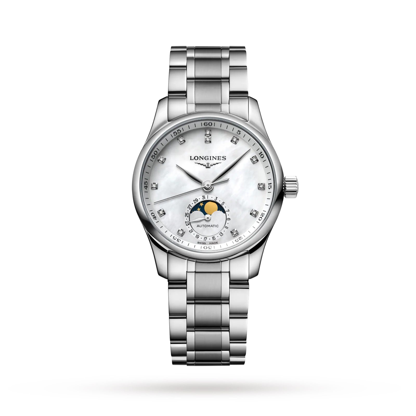 The Longines Master Collection Moonphase features a silver metal band, white dial, diamond hour markers, and a moon phase subdial.